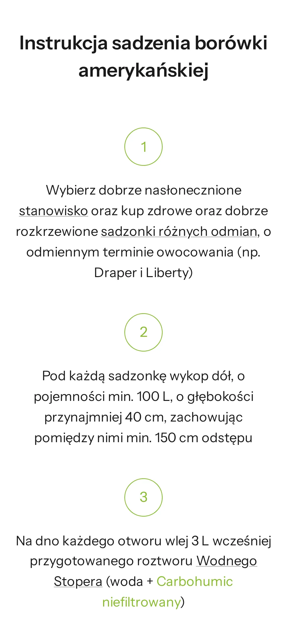 Instrukcja sadzenia borówki amerykańskiej na telefonie: numerowane kroki jeden pod drugim, z nazwą preparatu Carbohumic jako odnośnikiem do produktu
