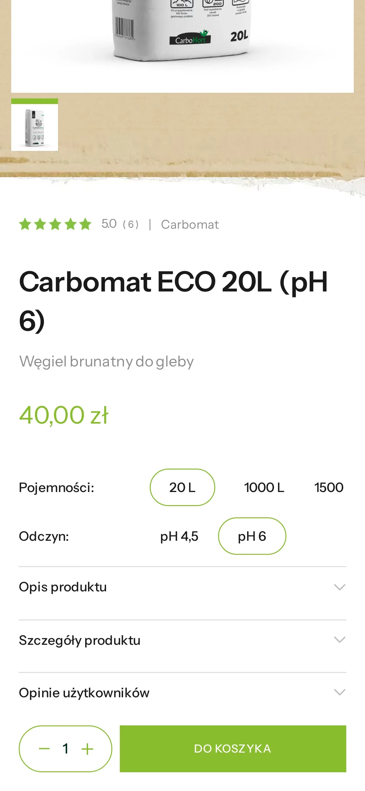 Ta sama karta produktu na telefonie: nazwa, cena, wybór pojemności i odczynu, zakładki opisu, szczegółów i opinii oraz pole ilości z przyciskiem „Do koszyka” na dole ekranu
