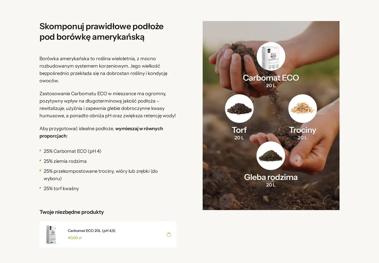 Sekcja „Skomponuj prawidłowe podłoże pod borówkę amerykańską”: tekst z proporcjami mieszanki, grafika czterech składników podłoża i pole „Twoje niezbędne produkty” z Carbomatem ECO 20L i przyciskiem koszyka
