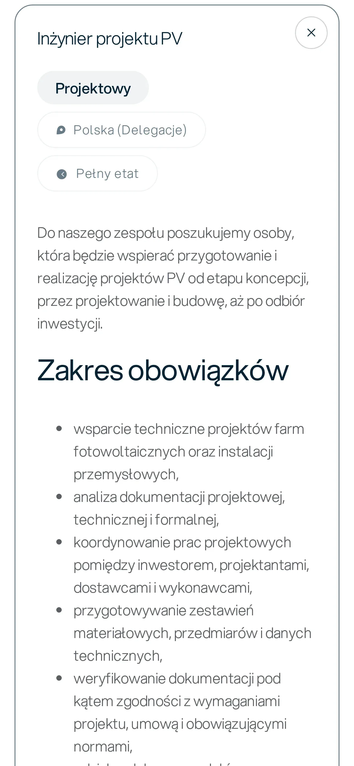 Rozwinięta oferta pracy „Inżynier projektu PV” na telefonie: dział, miejsce pracy, wymiar etatu, opis stanowiska i początek listy obowiązków