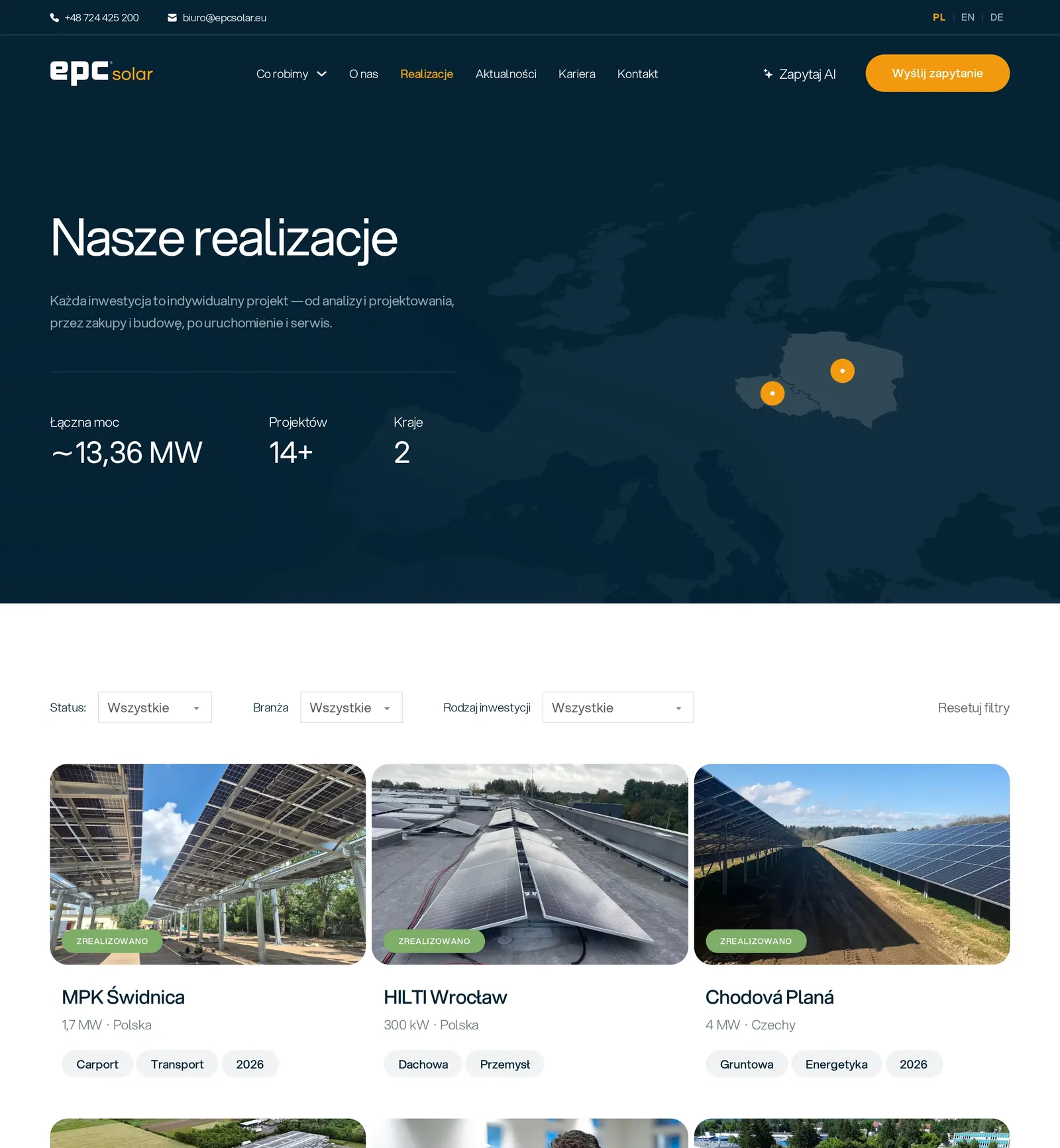 Podstrona „Nasze realizacje”: mapa Europy z lokalizacjami projektów, podsumowanie mocy, liczby projektów i krajów, filtry statusu, branży i rodzaju inwestycji oraz karty realizacji MPK Świdnica, HILTI Wrocław i Chodová Planá