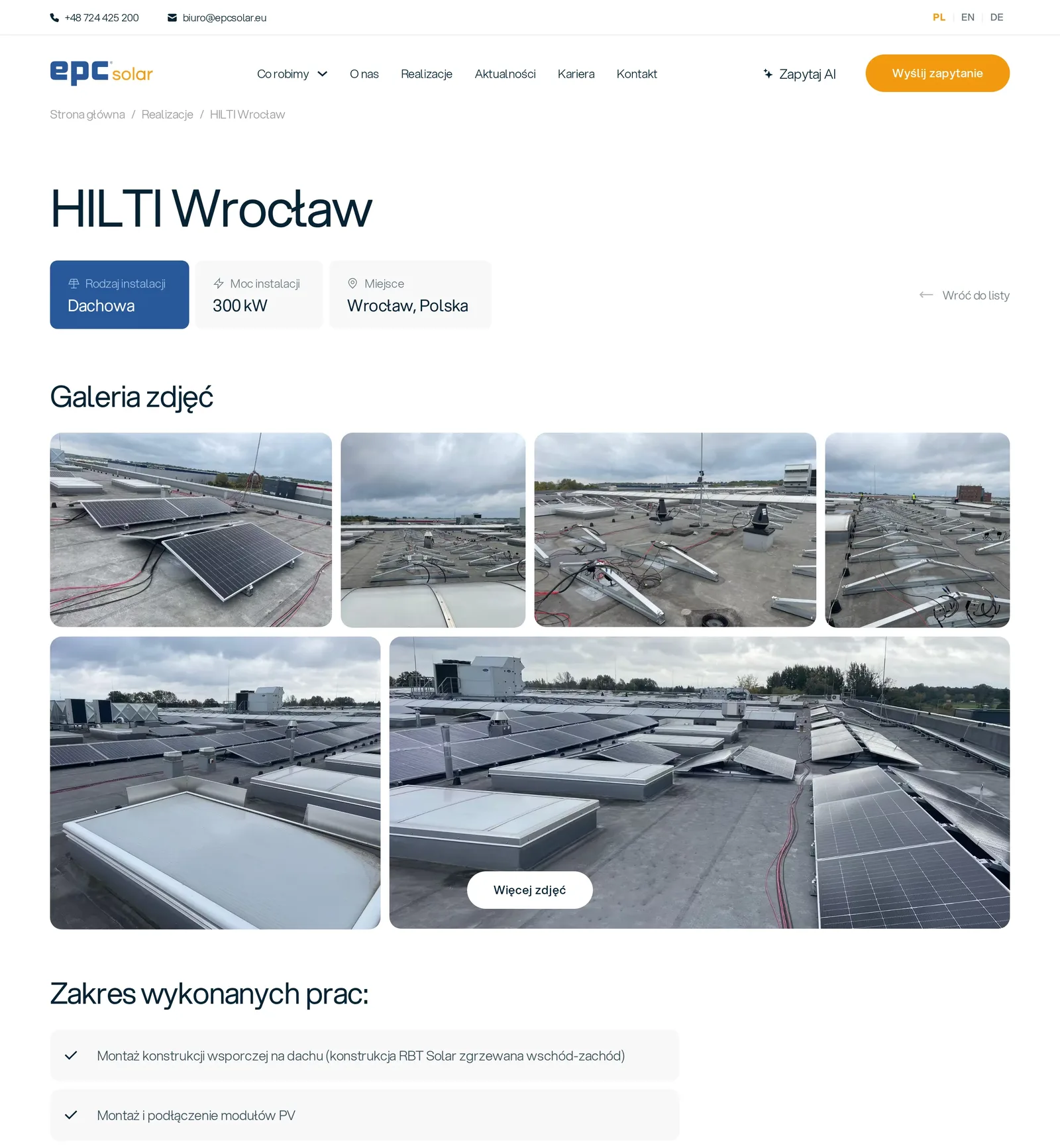 Karta realizacji HILTI Wrocław: rodzaj instalacji dachowej, moc i miejsce, galeria zdjęć paneli na dachu hali i początek listy „Zakres wykonanych prac”