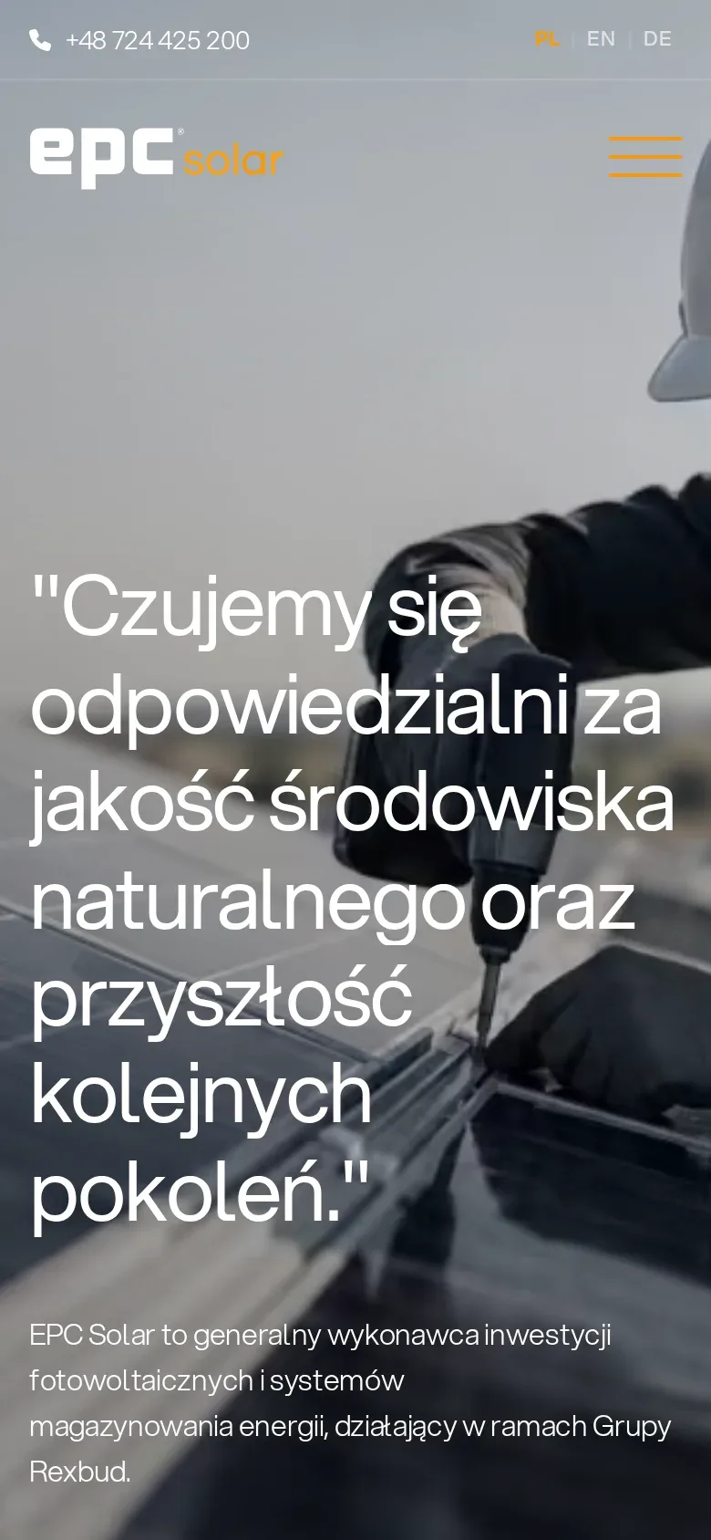 Podstrona „O nas” w polskiej wersji na telefonie: cytat „Czujemy się odpowiedzialni za jakość środowiska naturalnego oraz przyszłość kolejnych pokoleń” i opis EPC Solar jako spółki Grupy Rexbud