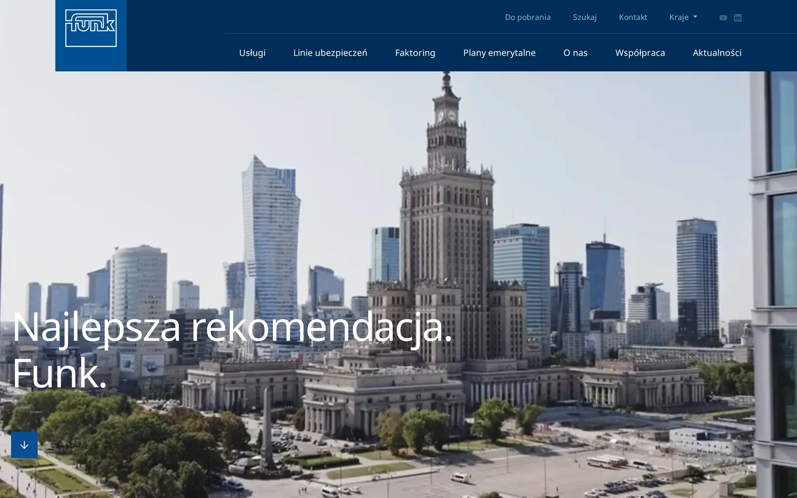 Strona główna Funk na komputerze: logo w niebieskim kwadracie, menu z usługami, liniami ubezpieczeń, faktoringiem i planami emerytalnymi oraz hasło „Najlepsza rekomendacja. Funk.” na tle warszawskich biurowców
