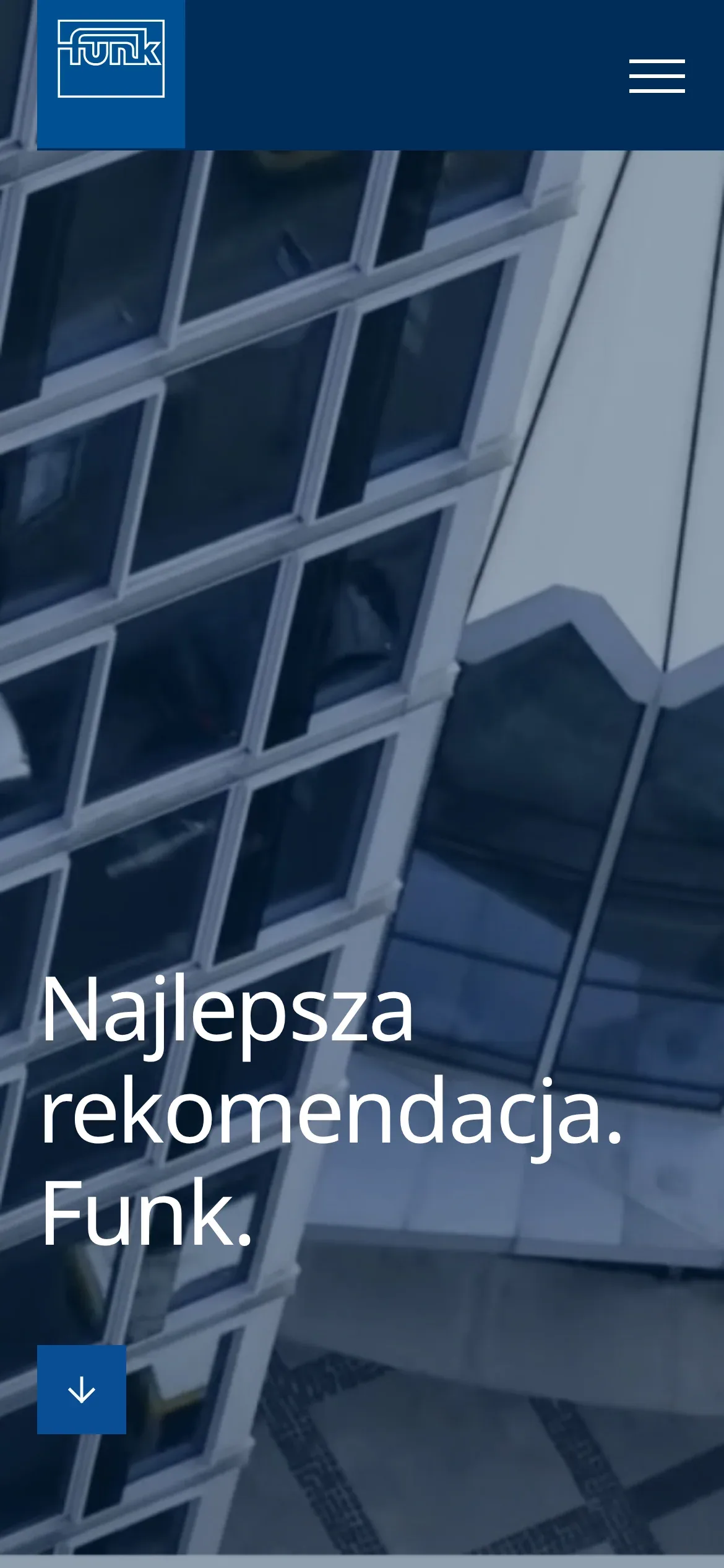 Strona główna Funk na telefonie: logo, przycisk menu i hasło „Najlepsza rekomendacja. Funk.” na zdjęciu przeszklonej elewacji