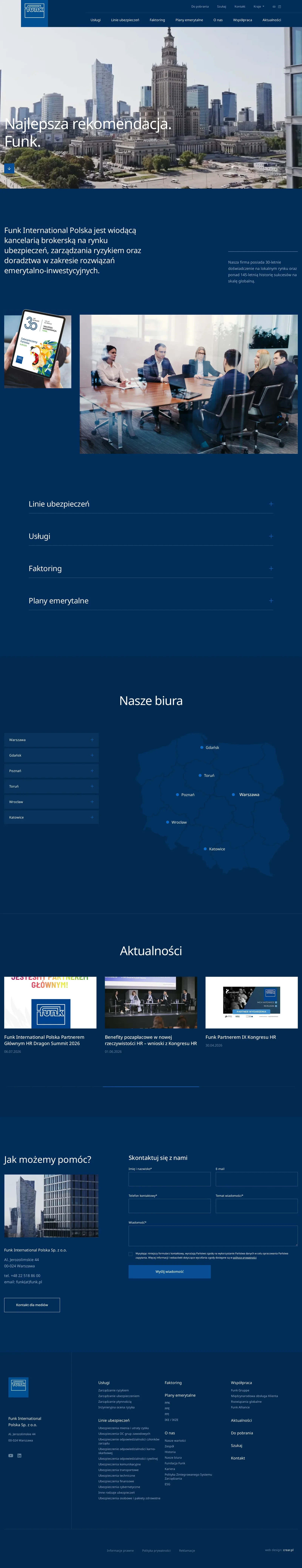 Cała strona główna Funk: hero z filmem, opis kancelarii, zdjęcia zespołu, rozwijane działy oferty, mapa biur w Polsce, aktualności, sekcja „Jak możemy pomóc?” z formularzem kontaktowym i stopka z pełnym menu