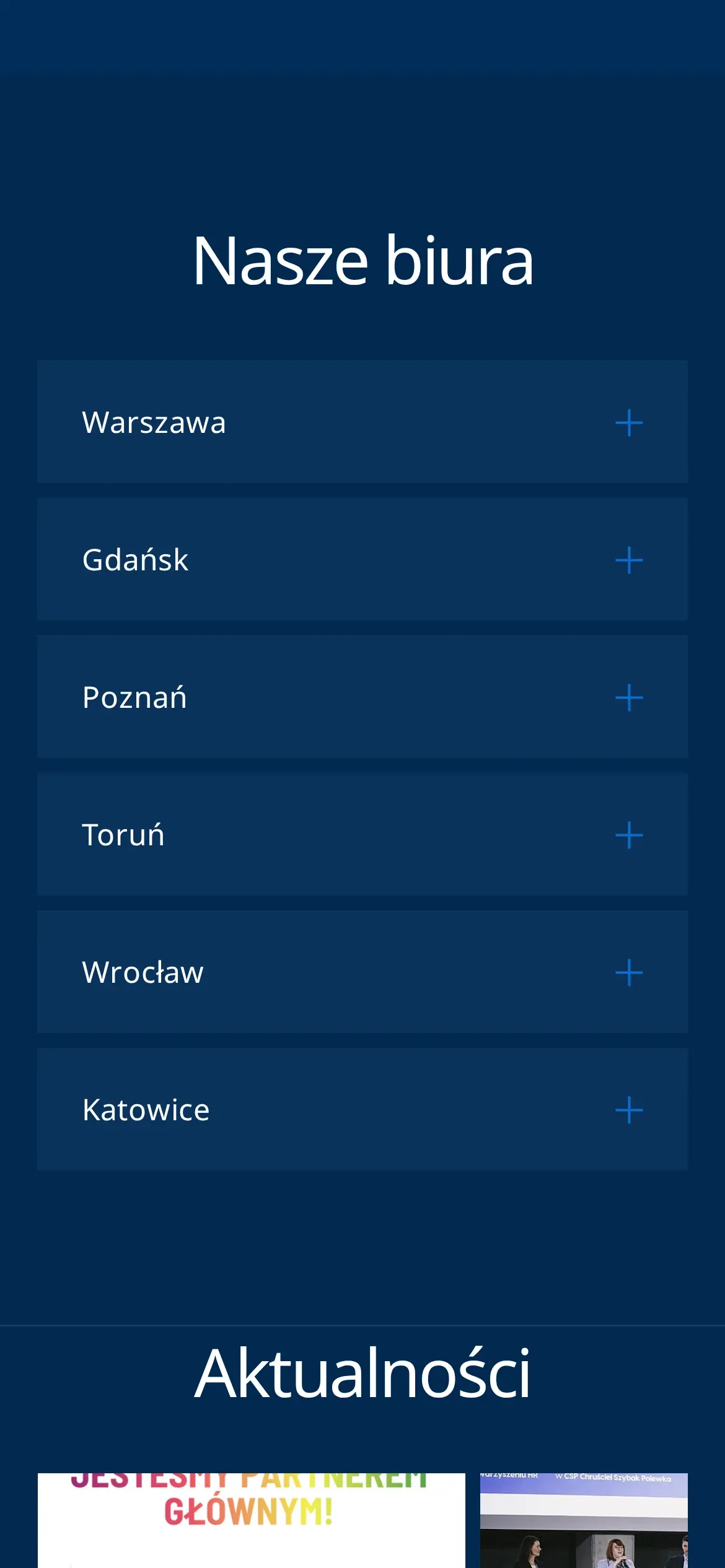Sekcja „Nasze biura” na telefonie: rozwijana lista biur w Warszawie, Gdańsku, Poznaniu, Toruniu, Wrocławiu i Katowicach