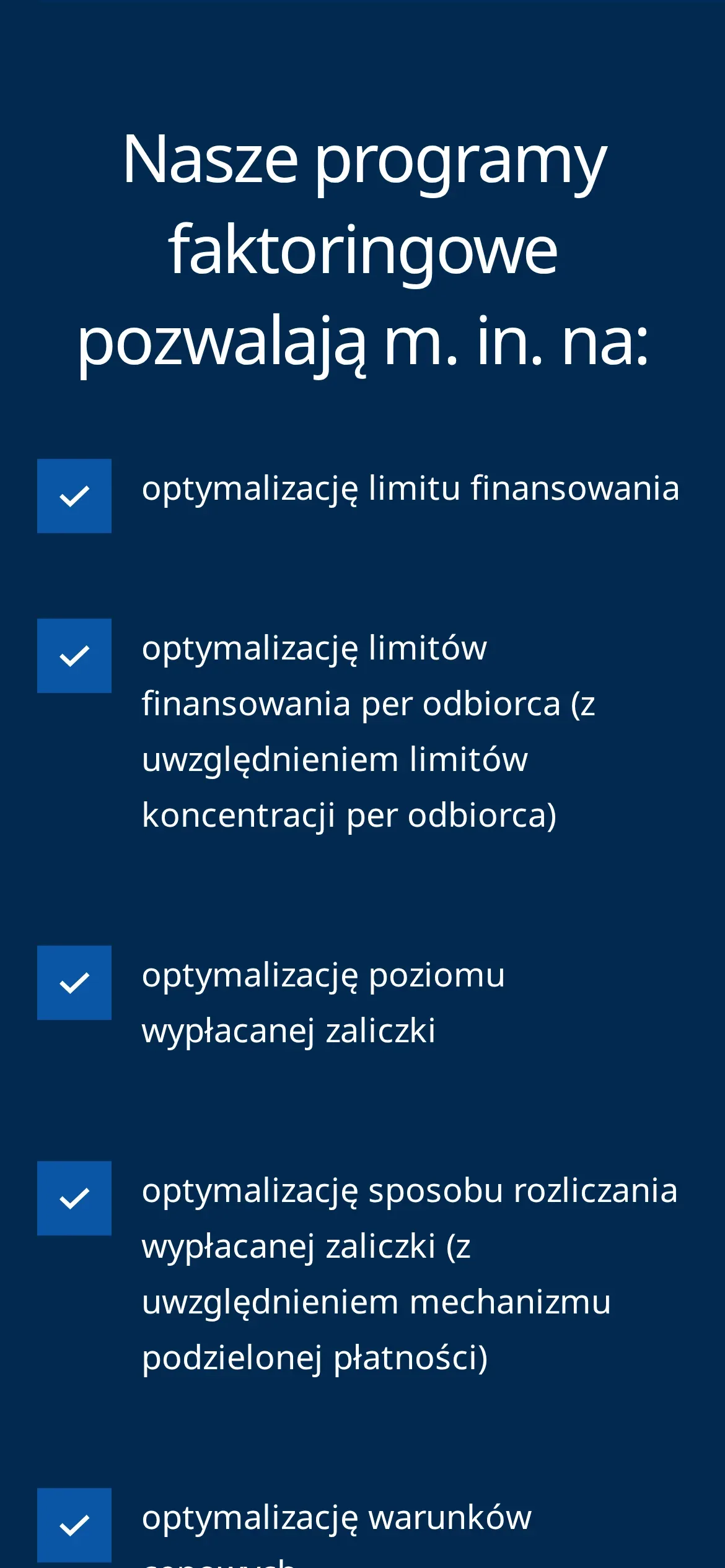 Podstrona faktoringu na telefonie: nagłówek „Nasze programy faktoringowe pozwalają m.in. na:” i lista możliwości z niebieskimi znacznikami