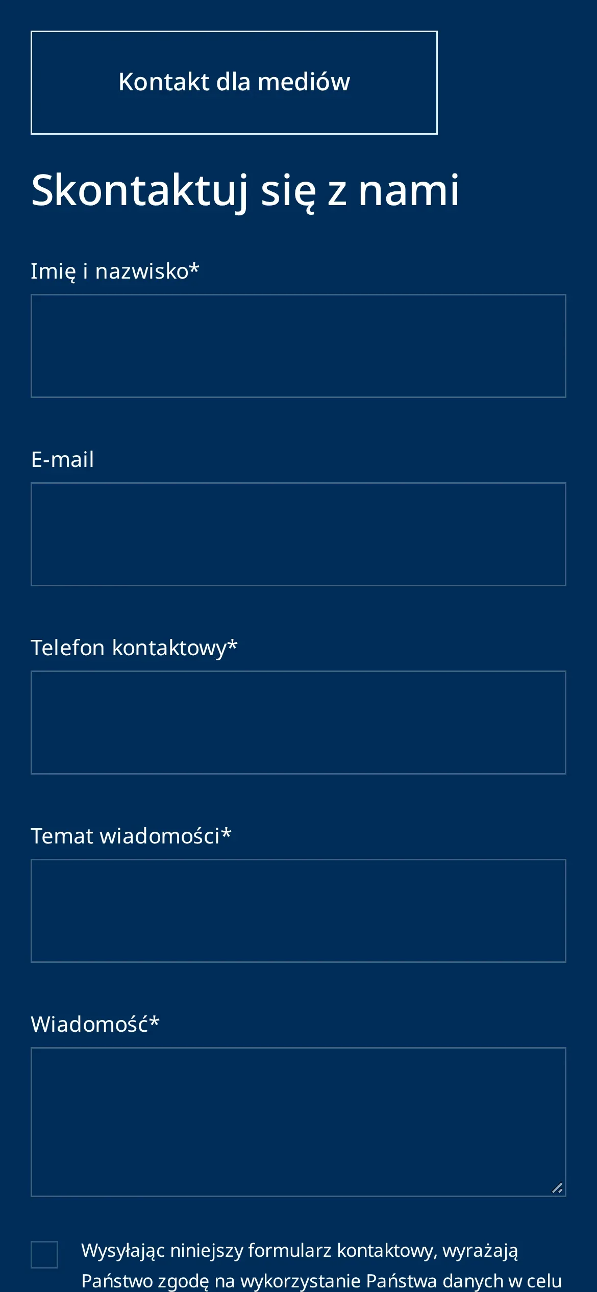 Formularz „Skontaktuj się z nami” na telefonie: pola imienia i nazwiska, e-maila, telefonu, tematu i wiadomości oraz zgoda na przetwarzanie danych