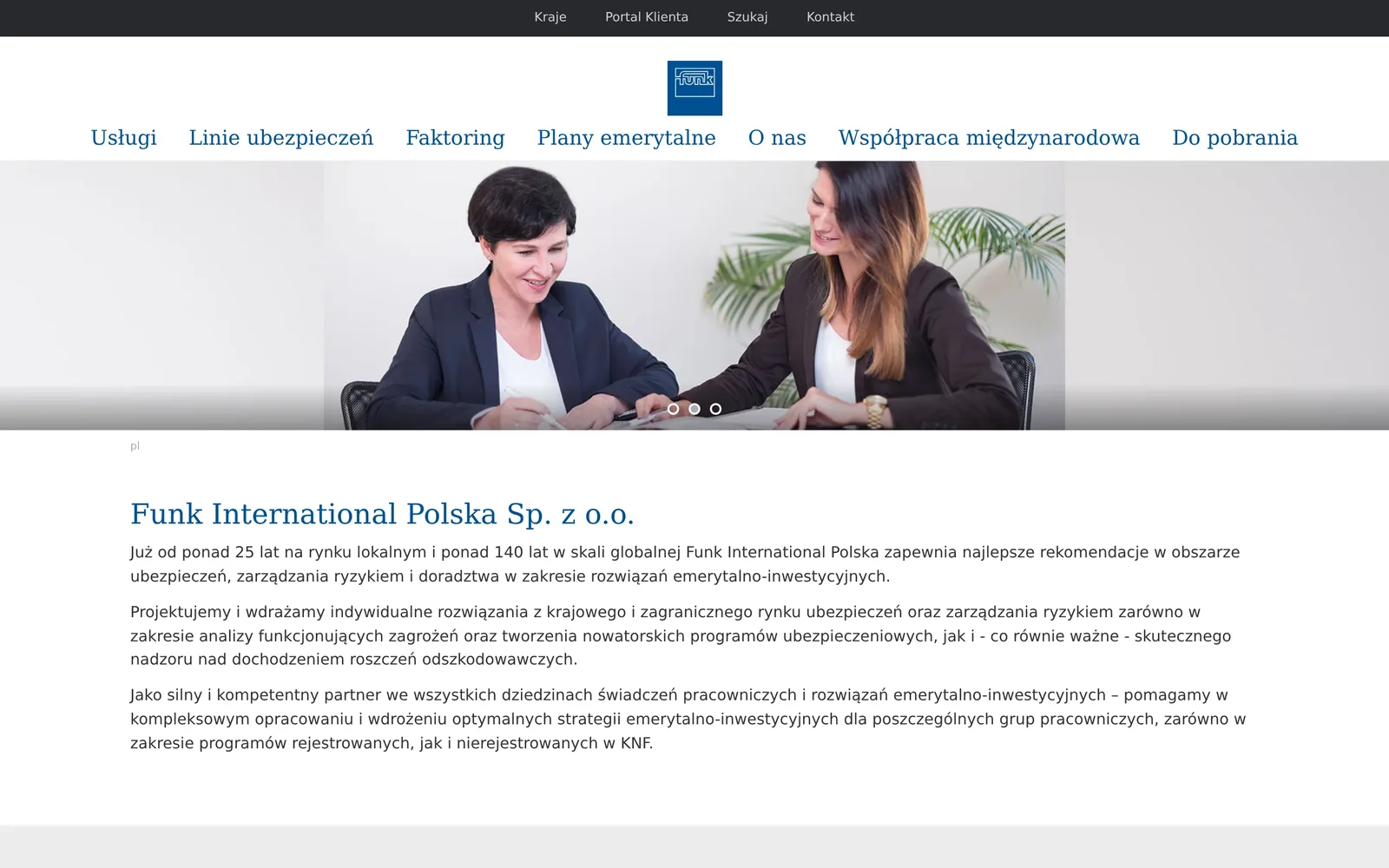 Poprzednia strona Funk Polska pod adresem www.funk.pl/pl/ na komputerze: górny pasek z wyborem kraju, portalem klienta, wyszukiwarką i kontaktem, logo nad menu, slider ze zdjęciem dwóch kobiet przy biurku i tekst o firmie