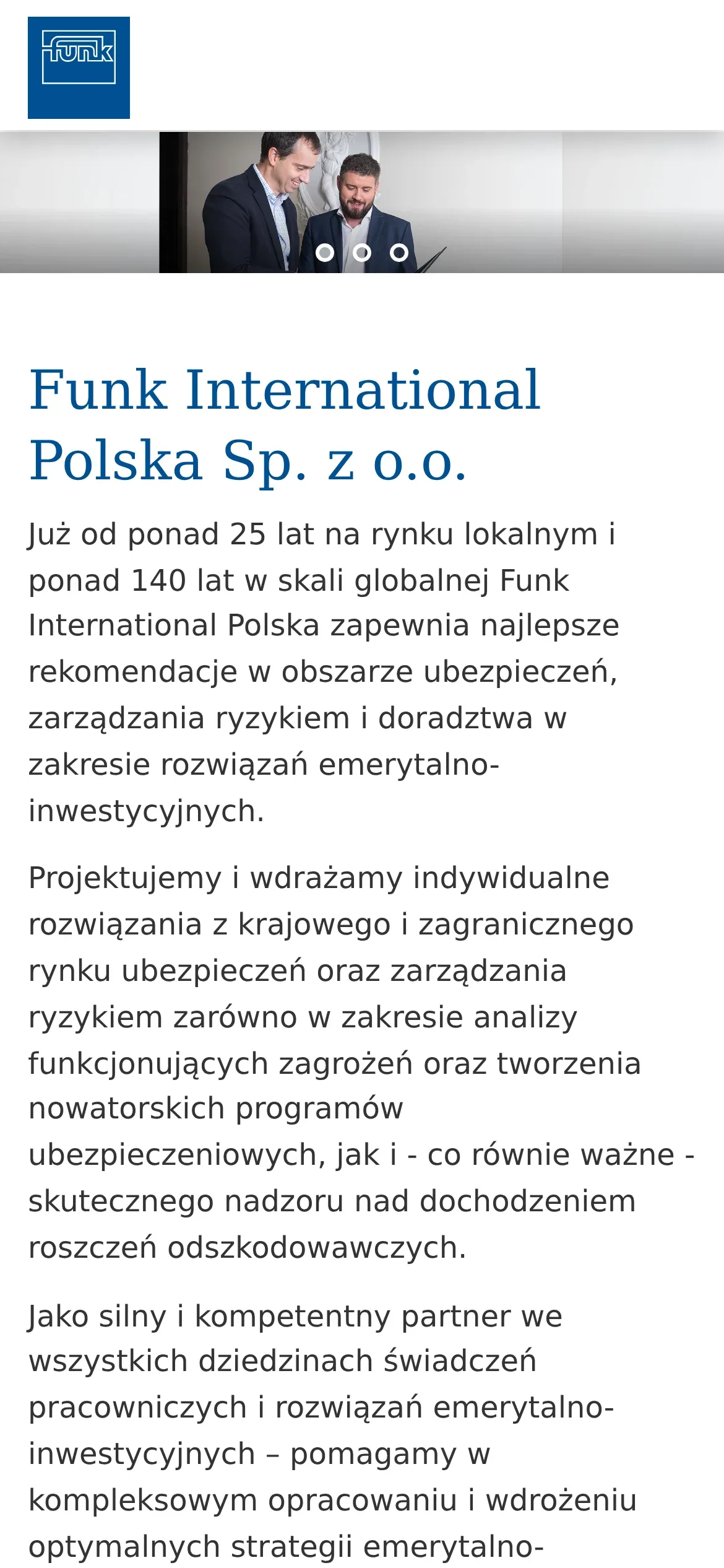 Poprzednia strona Funk Polska na telefonie: logo, wąski slider zdjęć i długi akapit „Funk International Polska Sp. z o.o.”