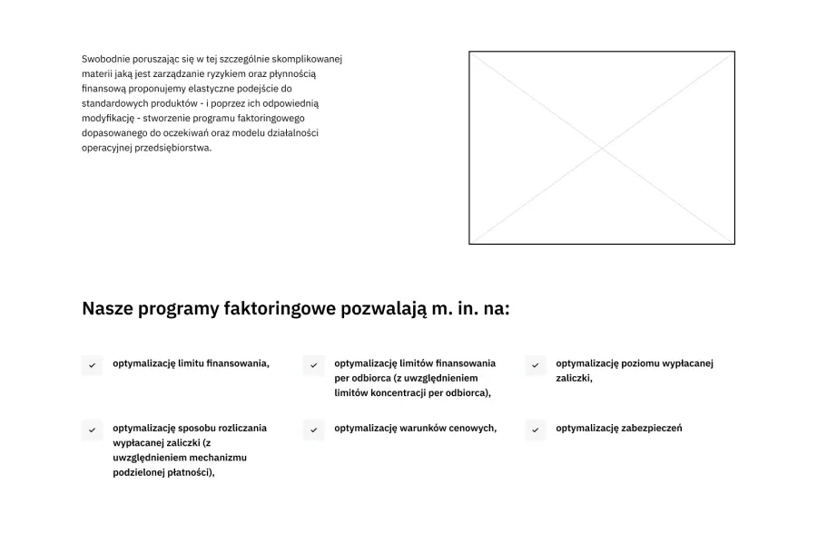 Makieta podstrony faktoringu: akapit wprowadzający obok miejsca na zdjęcie i nagłówek „Nasze programy faktoringowe pozwalają m.in. na:” z listą sześciu punktów ze znacznikami