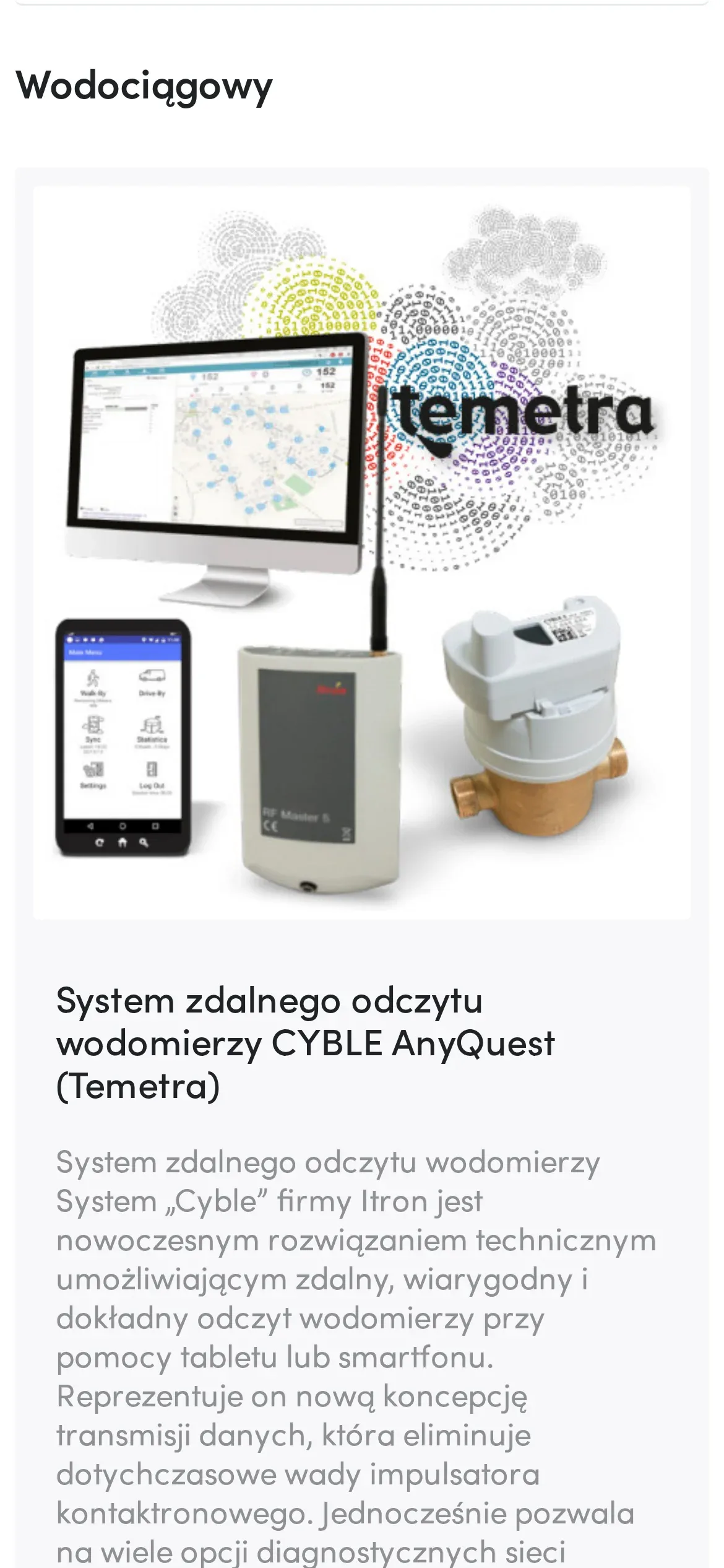 Kategoria „Wodociągowy” na telefonie: karta systemu zdalnego odczytu CYBLE AnyQuest (Temetra) ze zdjęciem urządzeń i opisem