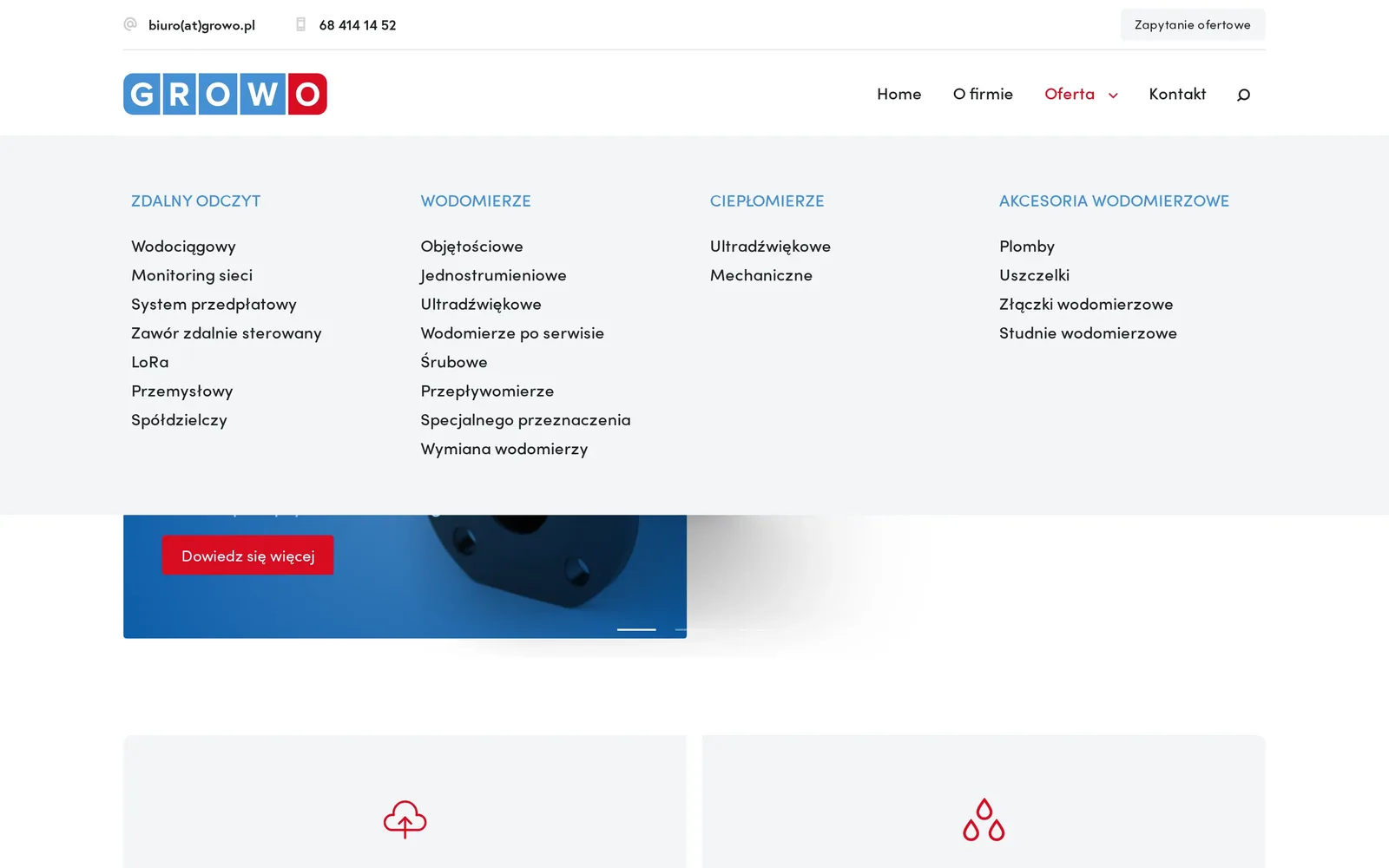 Rozwinięte menu „Oferta” na komputerze: cztery kolumny — zdalny odczyt, wodomierze, ciepłomierze i akcesoria wodomierzowe — z listami kategorii