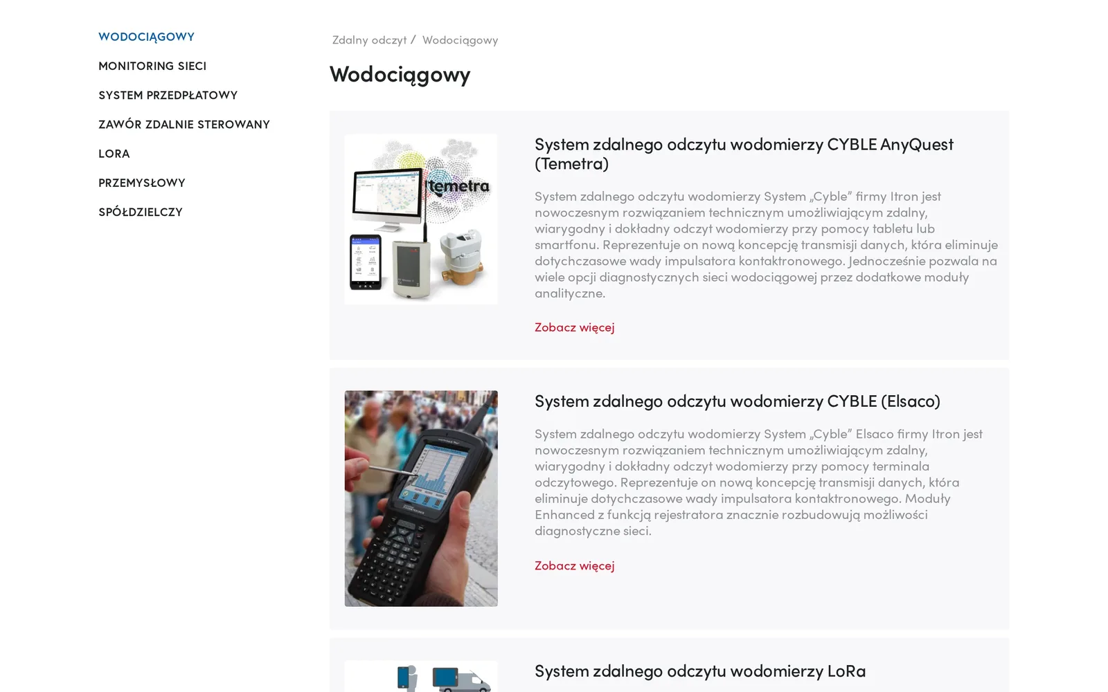 Kategoria „Wodociągowy” na komputerze: lista kategorii zdalnego odczytu po lewej, ścieżka nawigacji i karty systemów CYBLE AnyQuest (Temetra) oraz CYBLE (Elsaco) ze zdjęciami i opisami