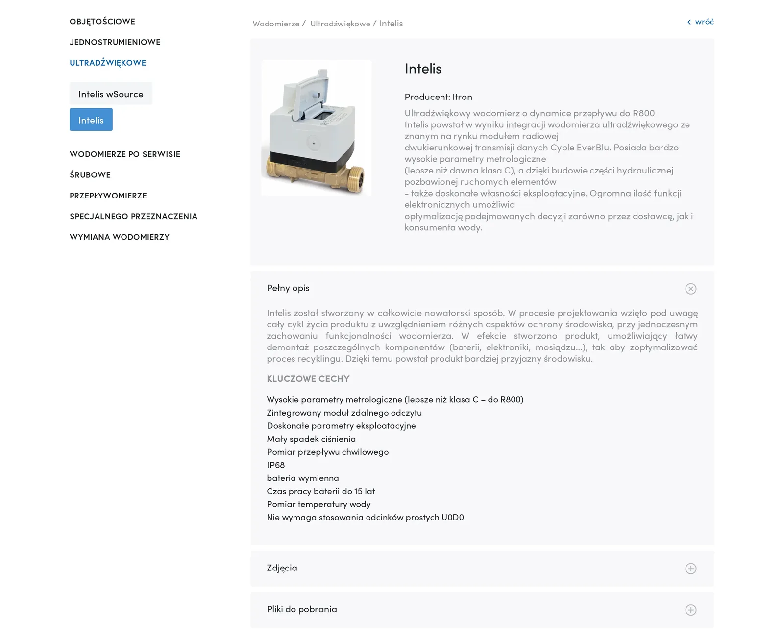 Karta wodomierza Intelis na komputerze: zdjęcie, producent Itron, opis, rozwinięty pełny opis z listą kluczowych cech oraz sekcje „Zdjęcia” i „Pliki do pobrania”, po lewej pozostałe kategorie wodomierzy