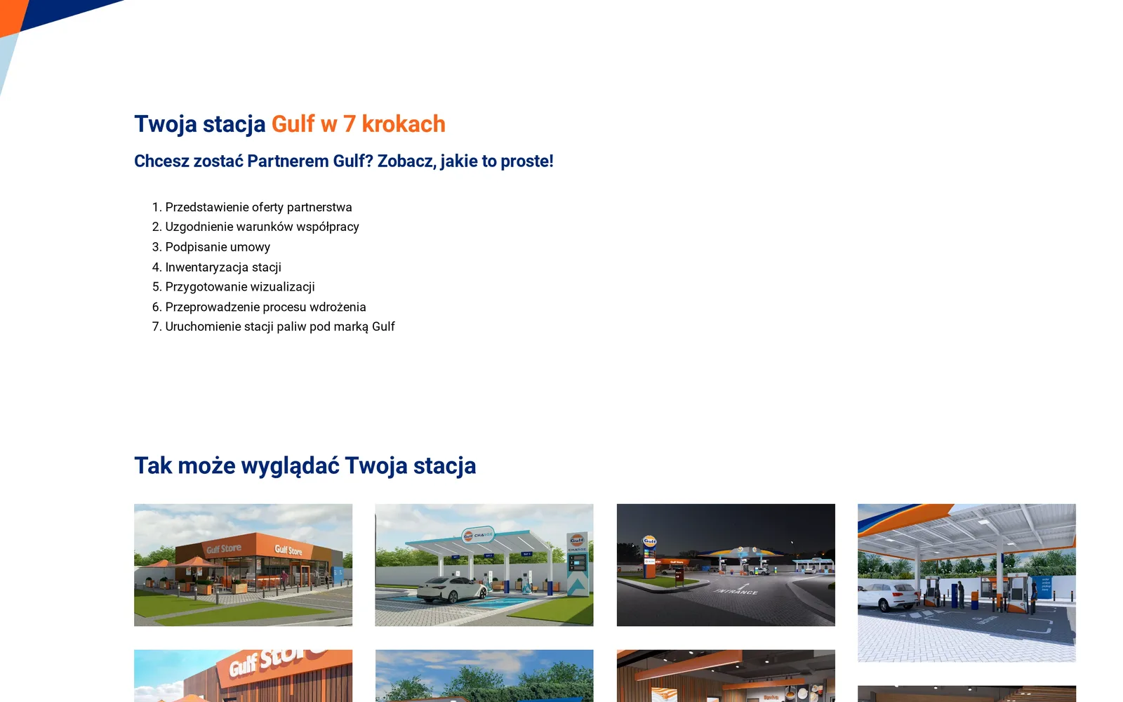 Lista „Twoja stacja Gulf w 7 krokach” od przedstawienia oferty do uruchomienia stacji oraz galeria wizualizacji „Tak może wyglądać Twoja stacja”