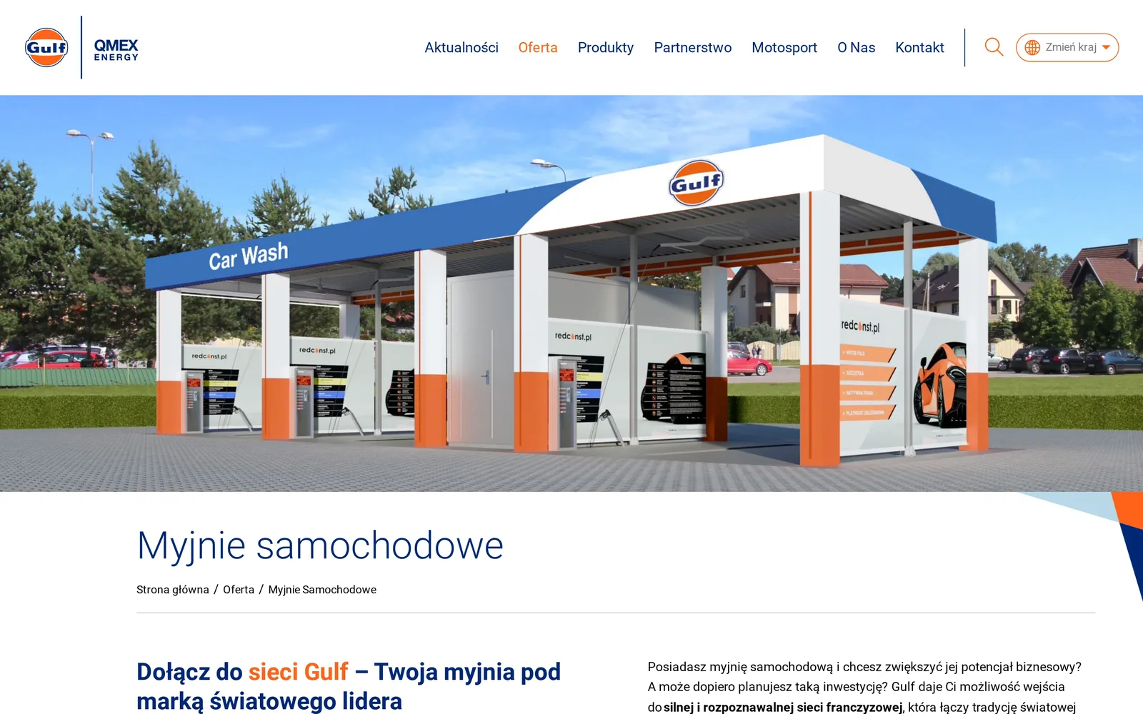 Strona „Myjnie samochodowe”: wizualizacja myjni z logo Gulf i nagłówek „Dołącz do sieci Gulf – Twoja myjnia pod marką światowego lidera”