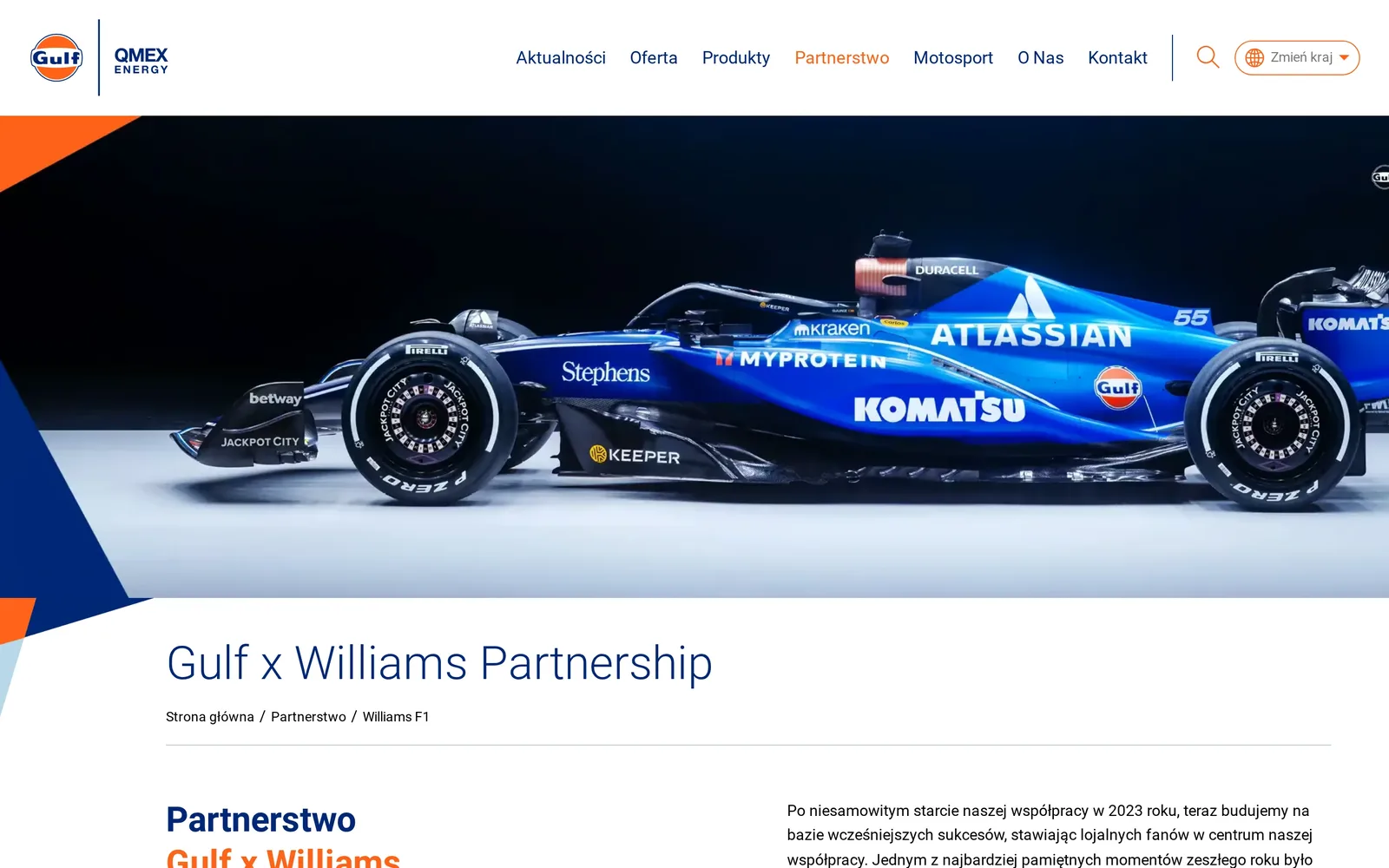 Strona partnerstwa „Gulf x Williams Partnership”: zdjęcie bolidu Williams z logo Gulf, tytuł z okruszkami i początek opisu współpracy