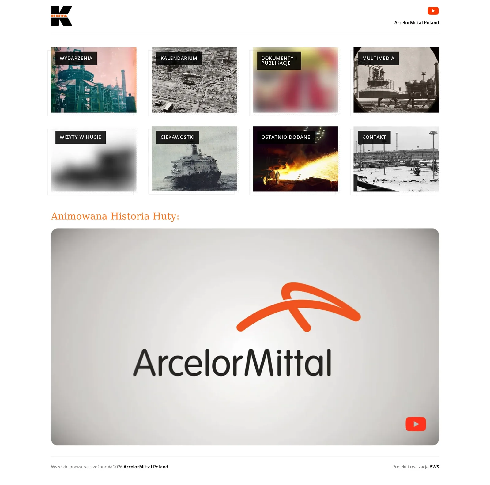 Cała strona główna HKpedia: osiem kafli działów kroniki w dwóch rzędach, film „Animowana Historia Huty” z YouTube i stopka z odnośnikiem do ArcelorMittal Poland