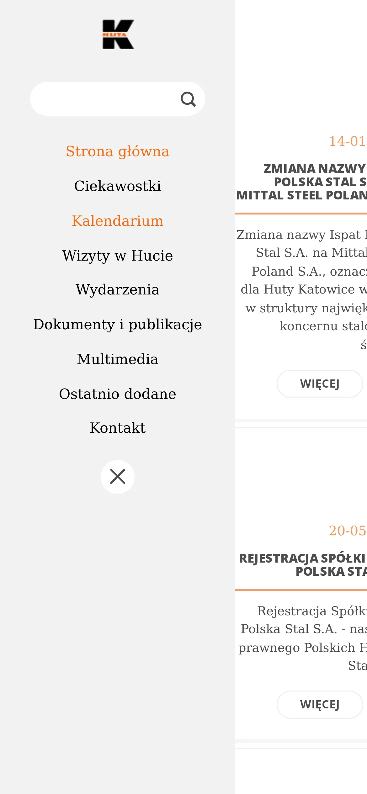 Rozwinięte menu HKpedia na telefonie: pole wyszukiwarki i lista działów od Strony głównej po Kontakt, z przyciskiem zamknięcia