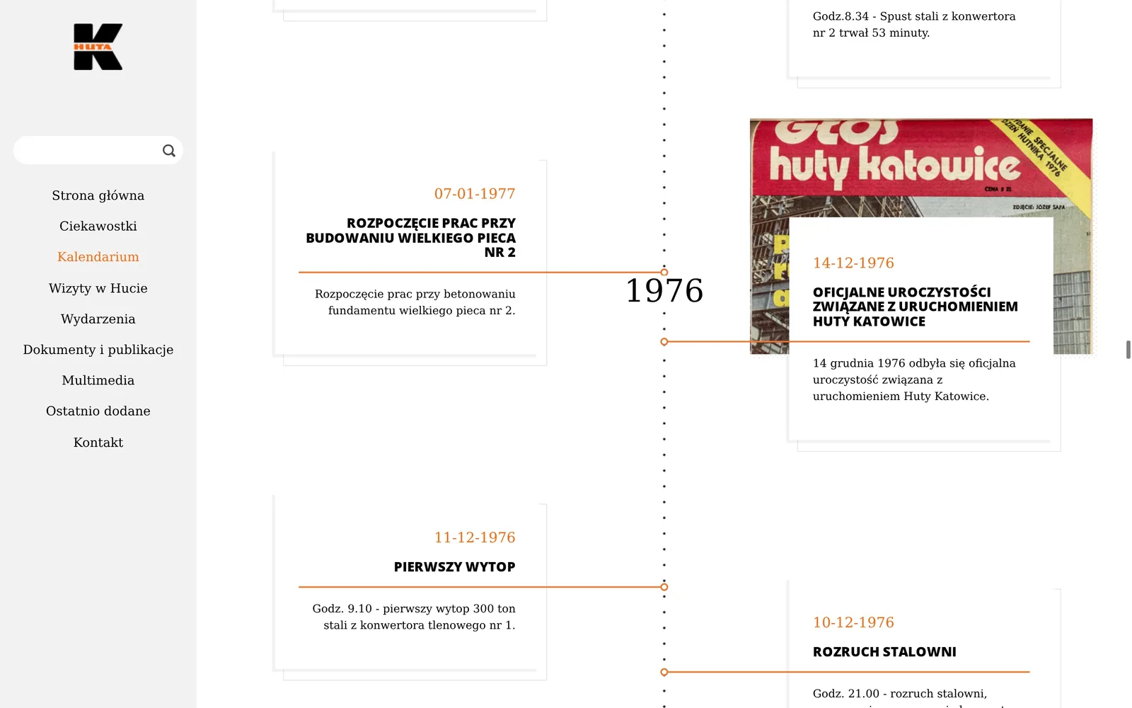 Kalendarium na komputerze przy roku 1976: wpisy o pierwszym wytopie, uroczystości uruchomienia Huty Katowice i pracach przy wielkim piecu nr 2 po obu stronach kropkowanej osi czasu, z menu i wyszukiwarką po lewej