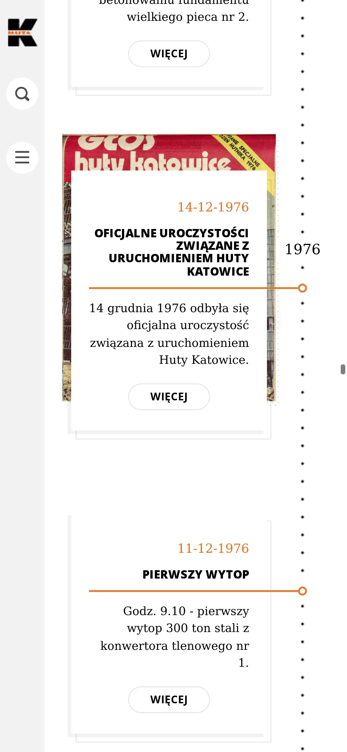 To samo miejsce kalendarium na telefonie: wpisy z grudnia 1976 r. w jednej kolumnie obok osi z rokiem i przyciskami „Więcej”