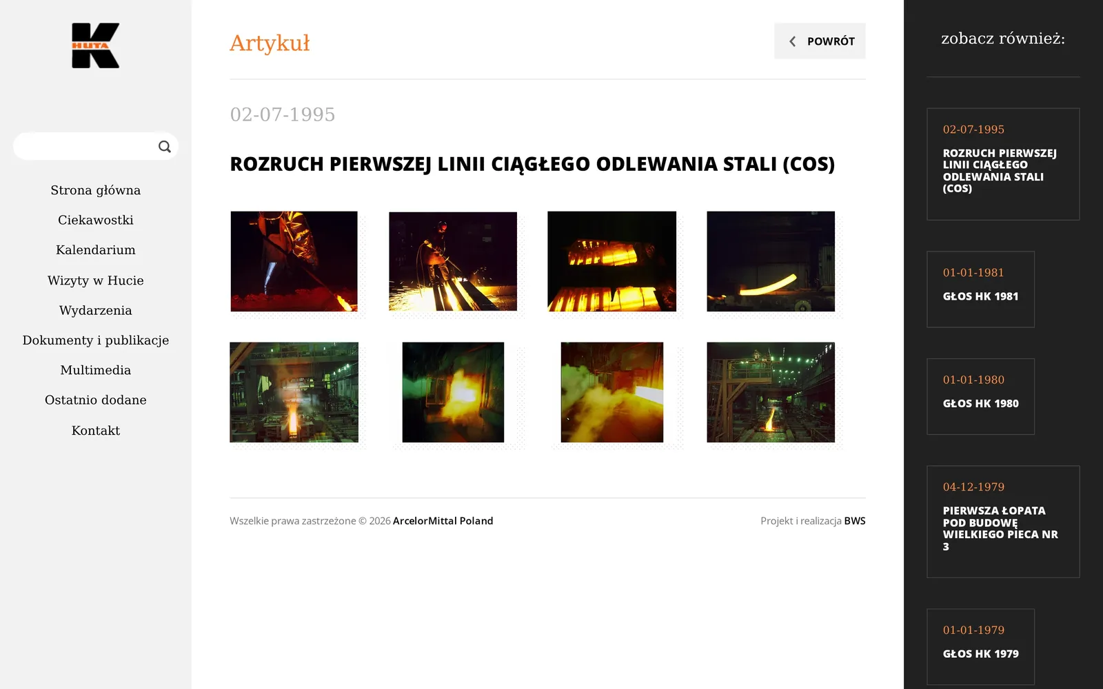 Galeria wpisu o rozruchu linii ciągłego odlewania stali w 1995 r.: osiem zdjęć rozgrzanej stali i hutników w dwóch rzędach