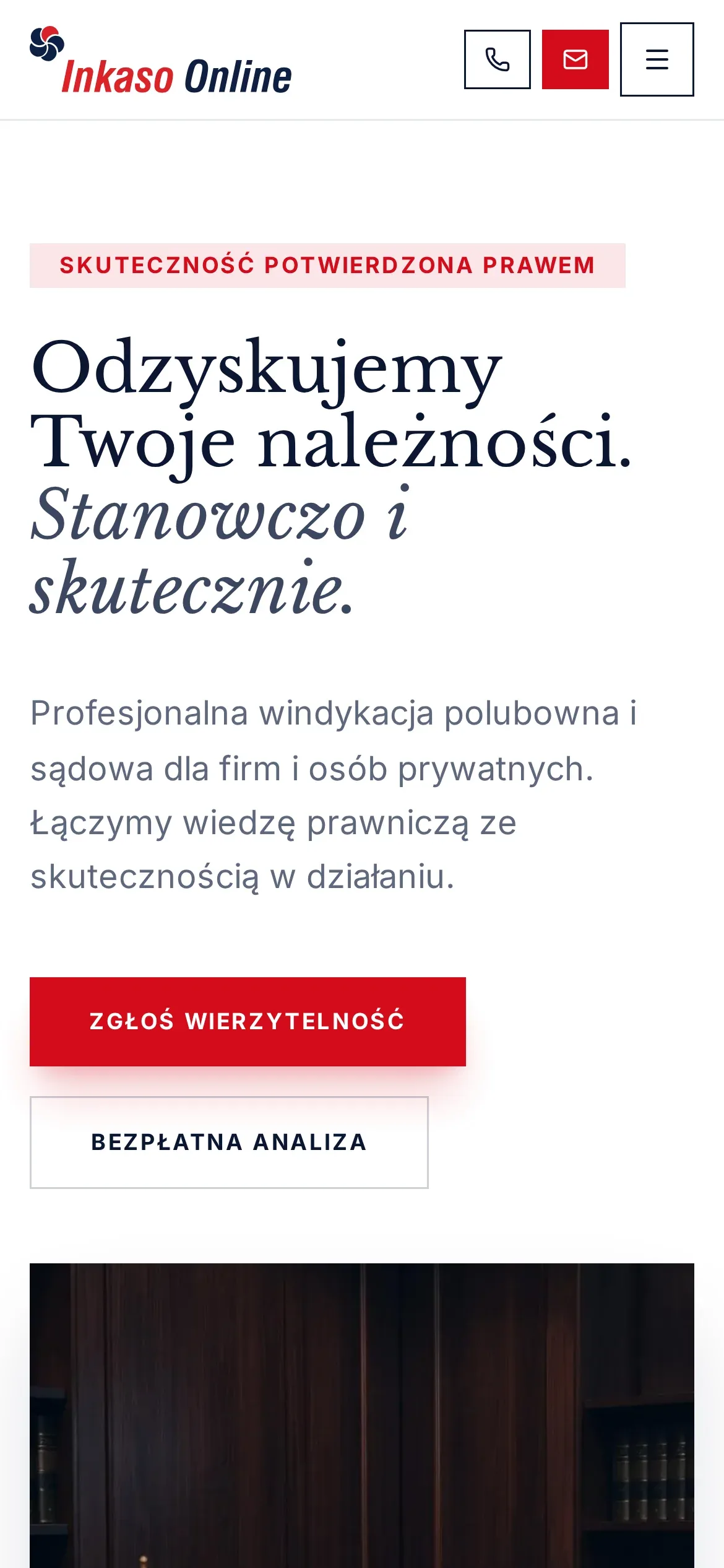 Strona główna Inkaso On-Line na telefonie: logo, przyciski telefonu i wiadomości, hasło „Odzyskujemy Twoje należności” i przyciski „Zgłoś wierzytelność” oraz „Bezpłatna analiza”