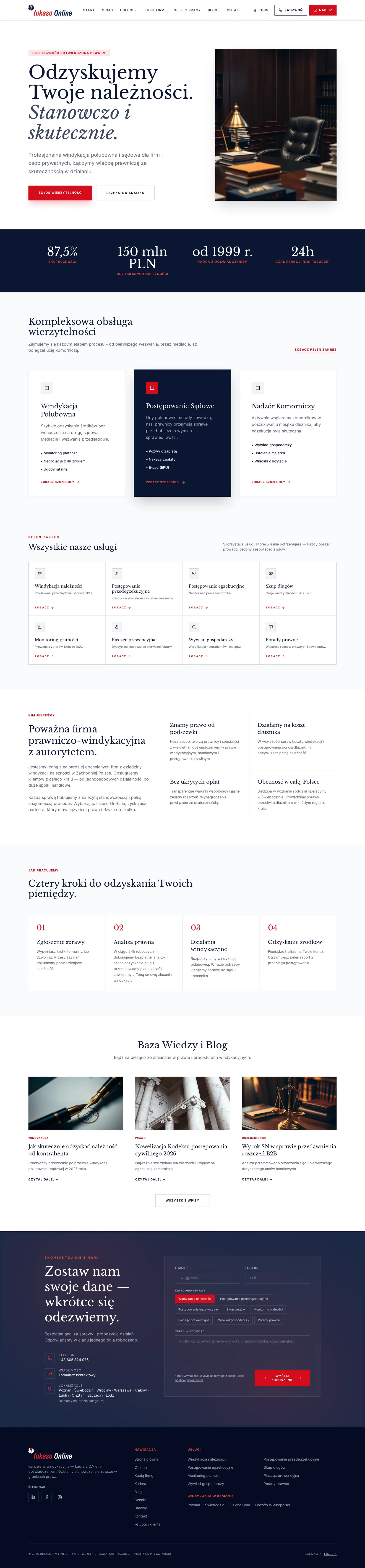 Cała strona główna Inkaso On-Line: hero, pasek z liczbami firmy, trzy etapy obsługi wierzytelności, siatka ośmiu usług, sekcja o firmie, cztery kroki współpracy, trzy wpisy z bloga, formularz zgłoszenia i stopka