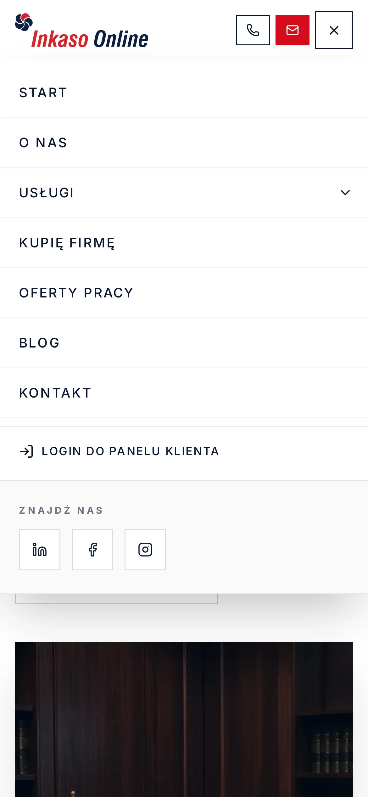 Menu Inkaso On-Line na telefonie: Start, O nas, rozwijane Usługi, Kupię firmę, Oferty pracy, Blog, Kontakt, link do panelu klienta i ikony mediów społecznościowych