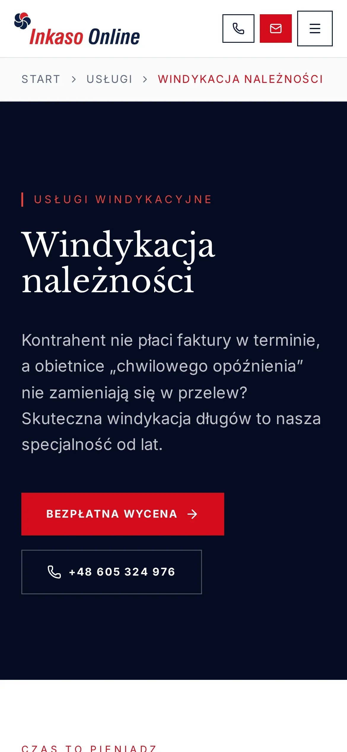 Strona usługi „Windykacja należności” na telefonie: ścieżka nawigacji, nagłówek na granatowym tle, przycisk „Bezpłatna wycena” i numer telefonu