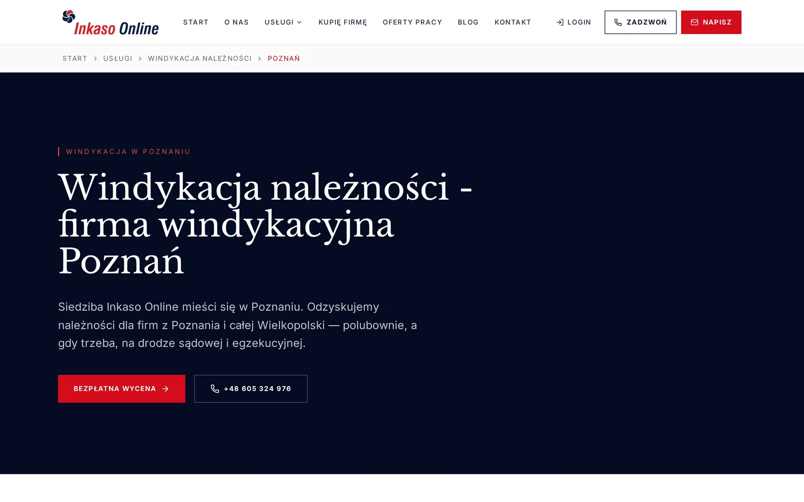 Strona regionalna „Windykacja należności – firma windykacyjna Poznań” na komputerze z przyciskiem „Bezpłatna wycena” i numerem telefonu
