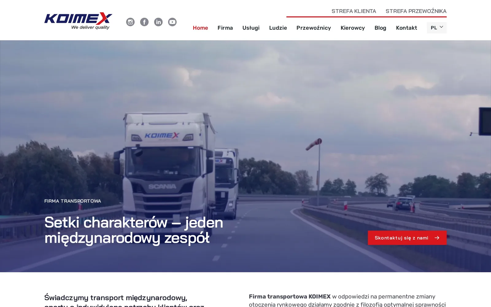 Strona główna KOIMEX na komputerze: logo, menu z odnośnikami do strefy klienta i przewoźnika, film z ciężarówkami KOIMEX na drodze i hasło „Setki charakterów – jeden międzynarodowy zespół”
