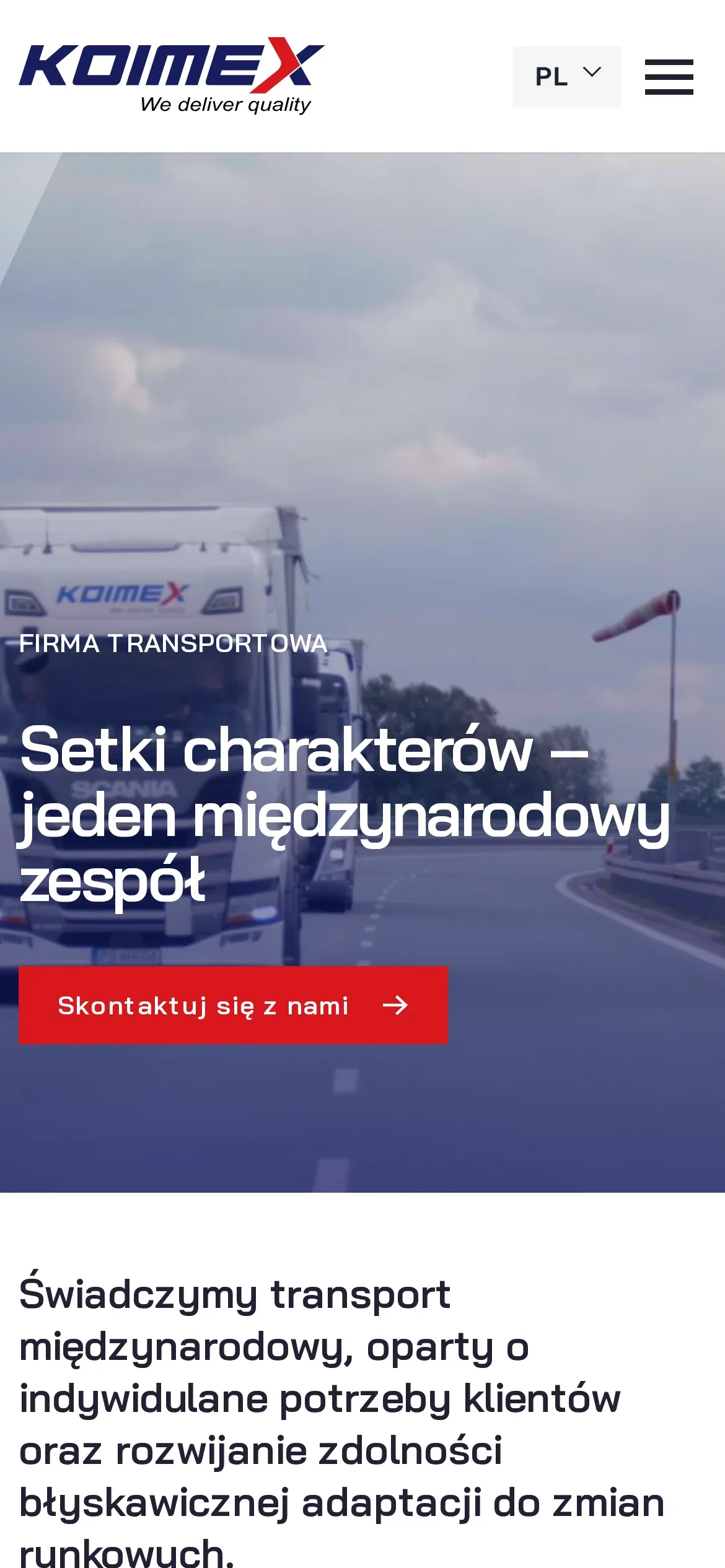 Strona główna KOIMEX na telefonie: logo, przełącznik języka, przycisk menu, film z ciężarówką i przycisk „Skontaktuj się z nami”
