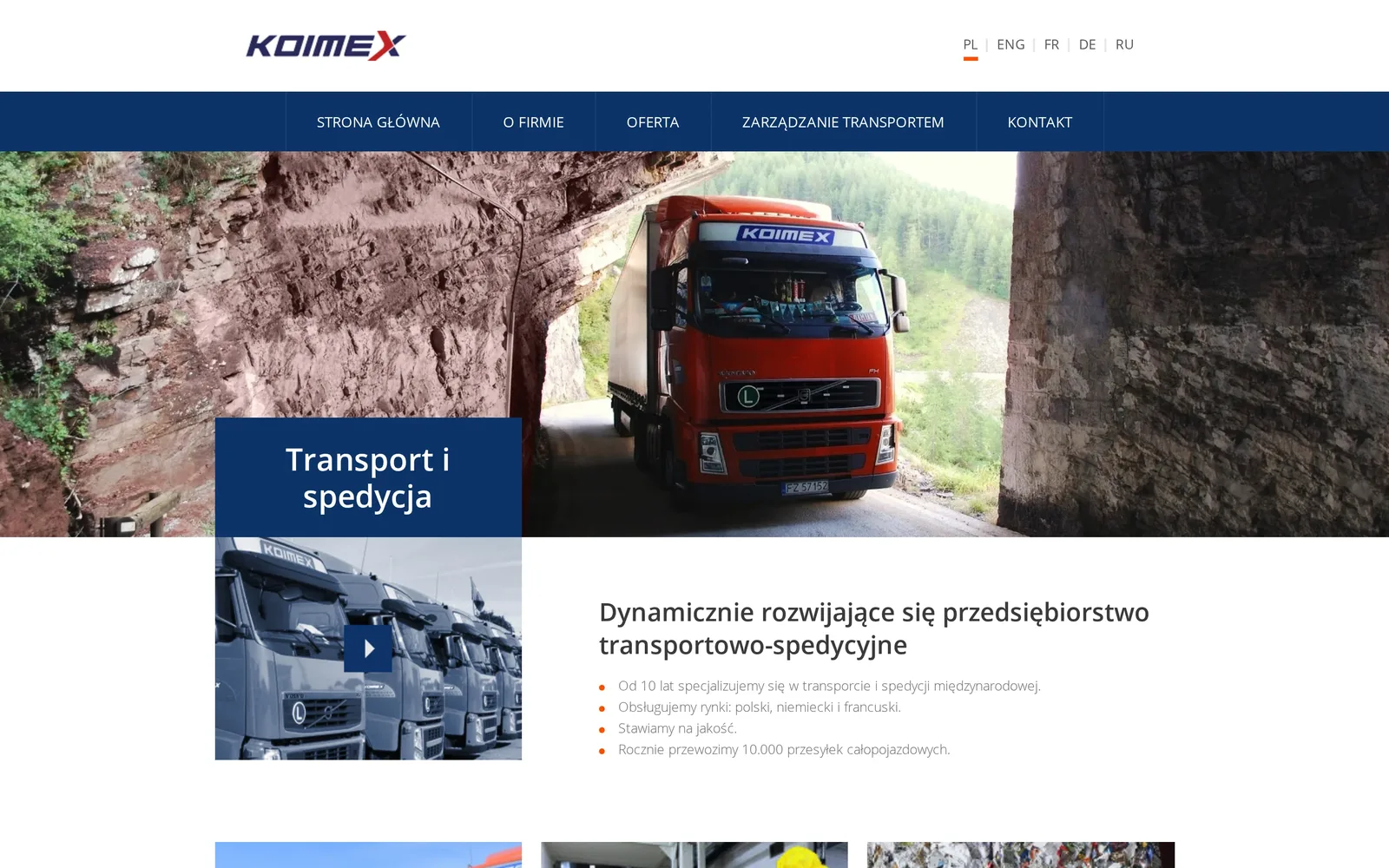 Poprzednia strona KOIMEX ze stycznia 2019 r. na komputerze: granatowy pasek menu, zdjęcie czerwonej ciężarówki w tunelu skalnym i napis „Transport i spedycja”