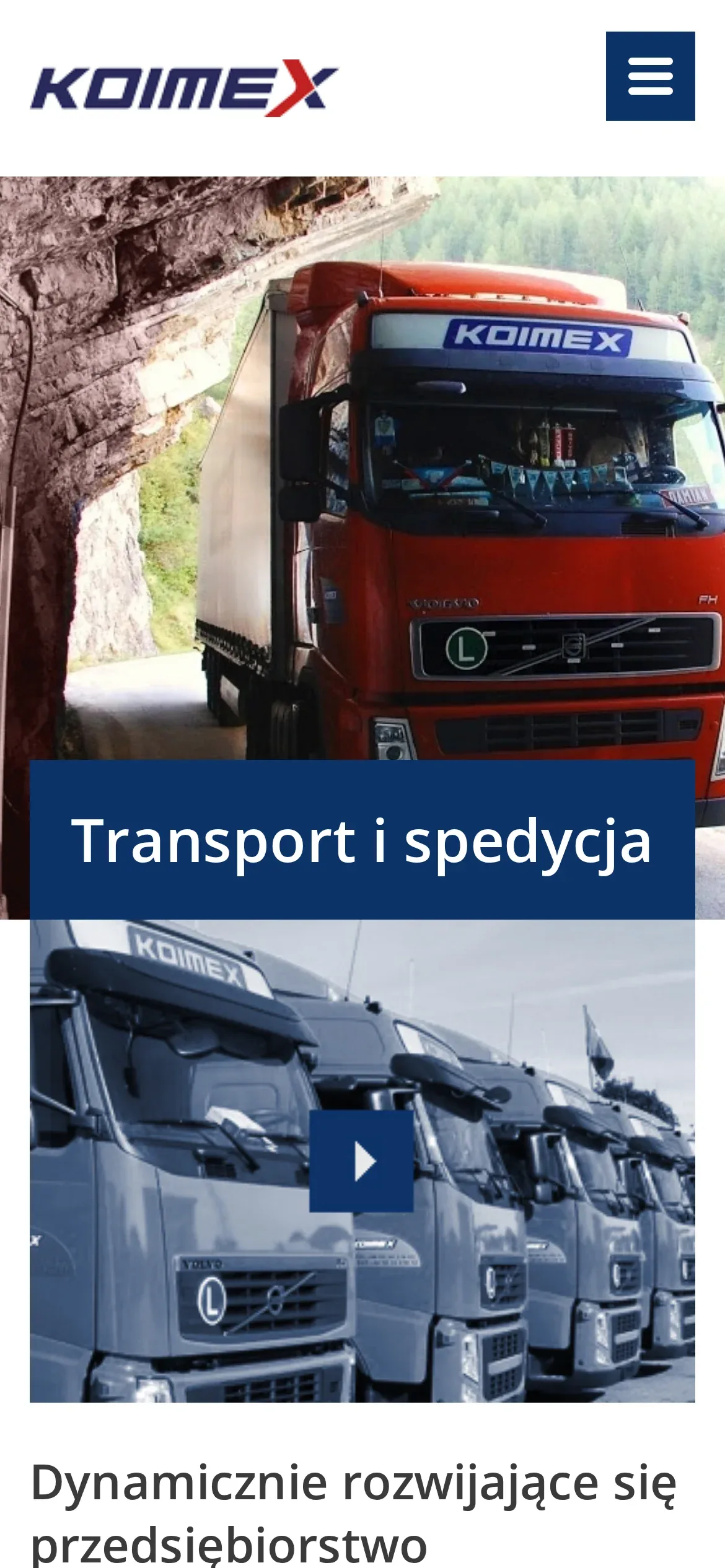 Ta sama poprzednia strona na telefonie: logo, przycisk menu, zdjęcie ciężarówki i napis „Transport i spedycja” nad zdjęciem floty
