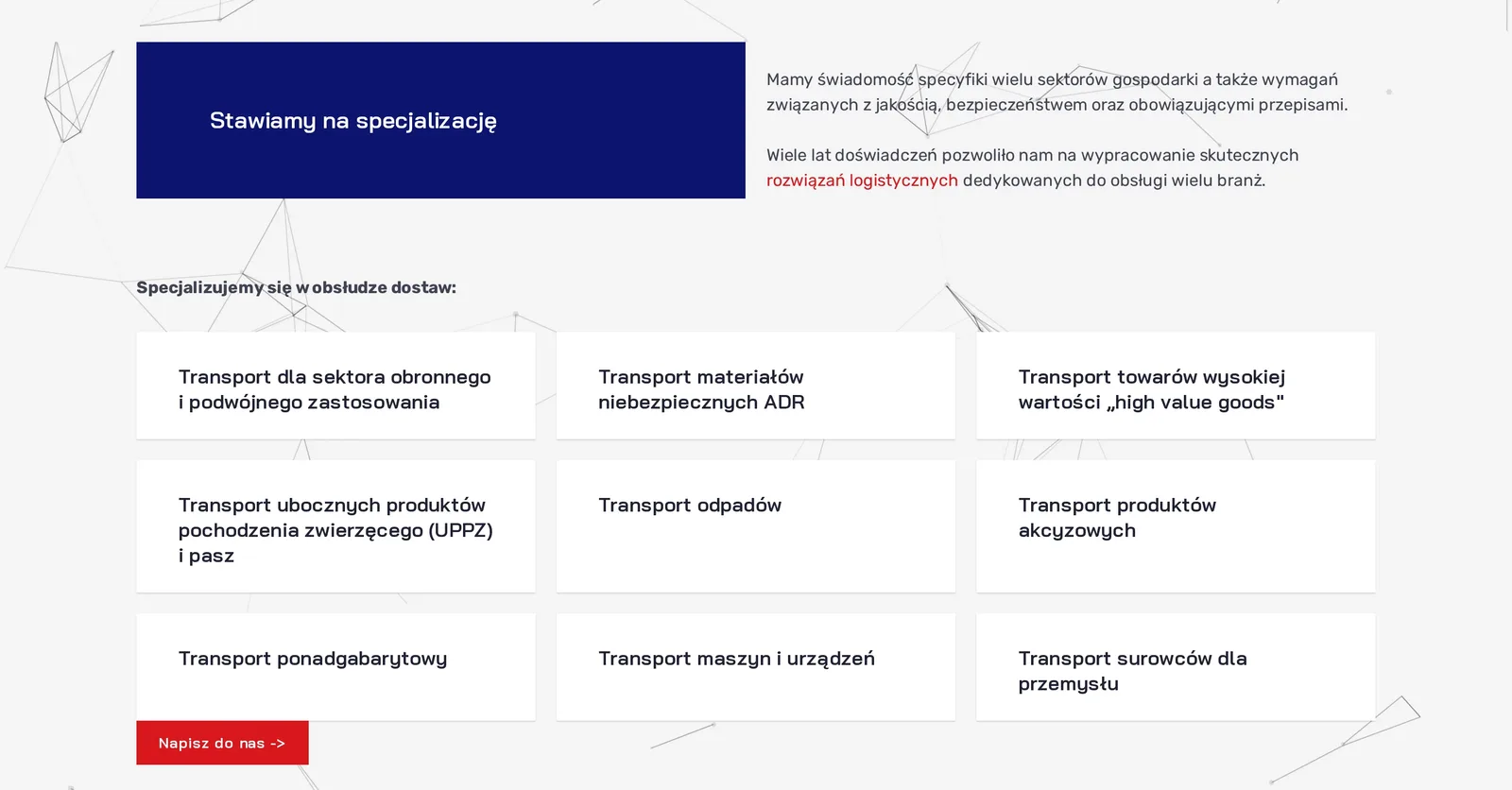 Część „Stawiamy na specjalizację”: dziewięć kafli z rodzajami transportu, m.in. materiały niebezpieczne ADR, towary wysokiej wartości, odpady i transport ponadgabarytowy
