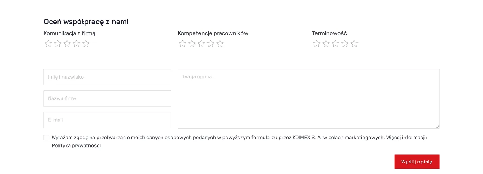 Formularz „Oceń współpracę z nami”: trzy oceny w gwiazdkach — komunikacja z firmą, kompetencje pracowników i terminowość — pola danych, opinia i przycisk „Wyślij opinię”