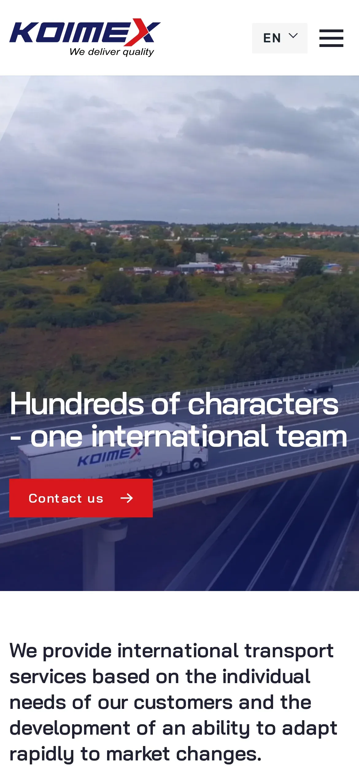 Wersja angielska koimex.eu na telefonie: film w nagłówku i hasło „Hundreds of characters – one international team”