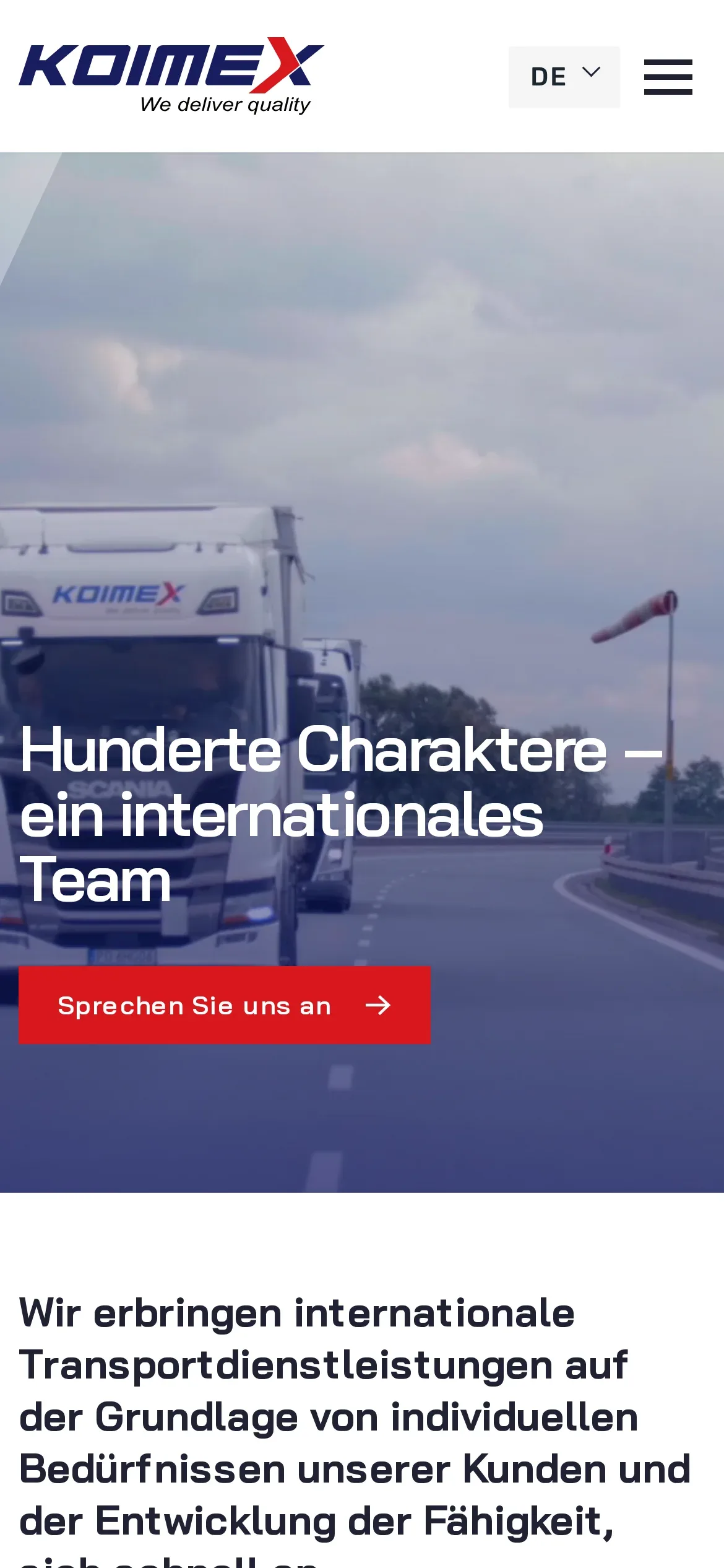 Wersja niemiecka koimex.de na telefonie: film w nagłówku i hasło „Hunderte Charaktere – ein internationales Team”