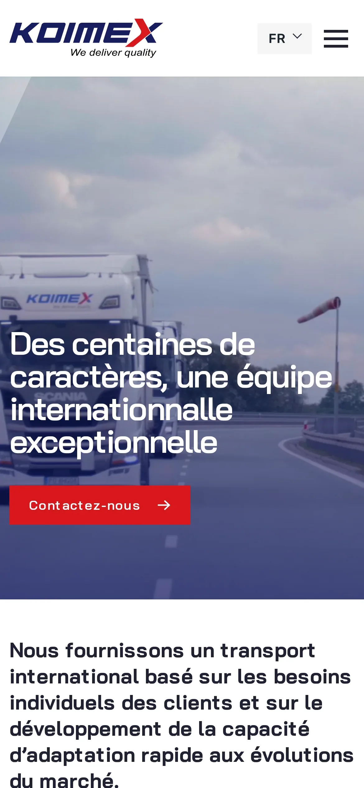 Wersja francuska koimex.pl/fr/ na telefonie: film w nagłówku, hasło „Des centaines de caractères…” i przycisk „Contactez-nous”