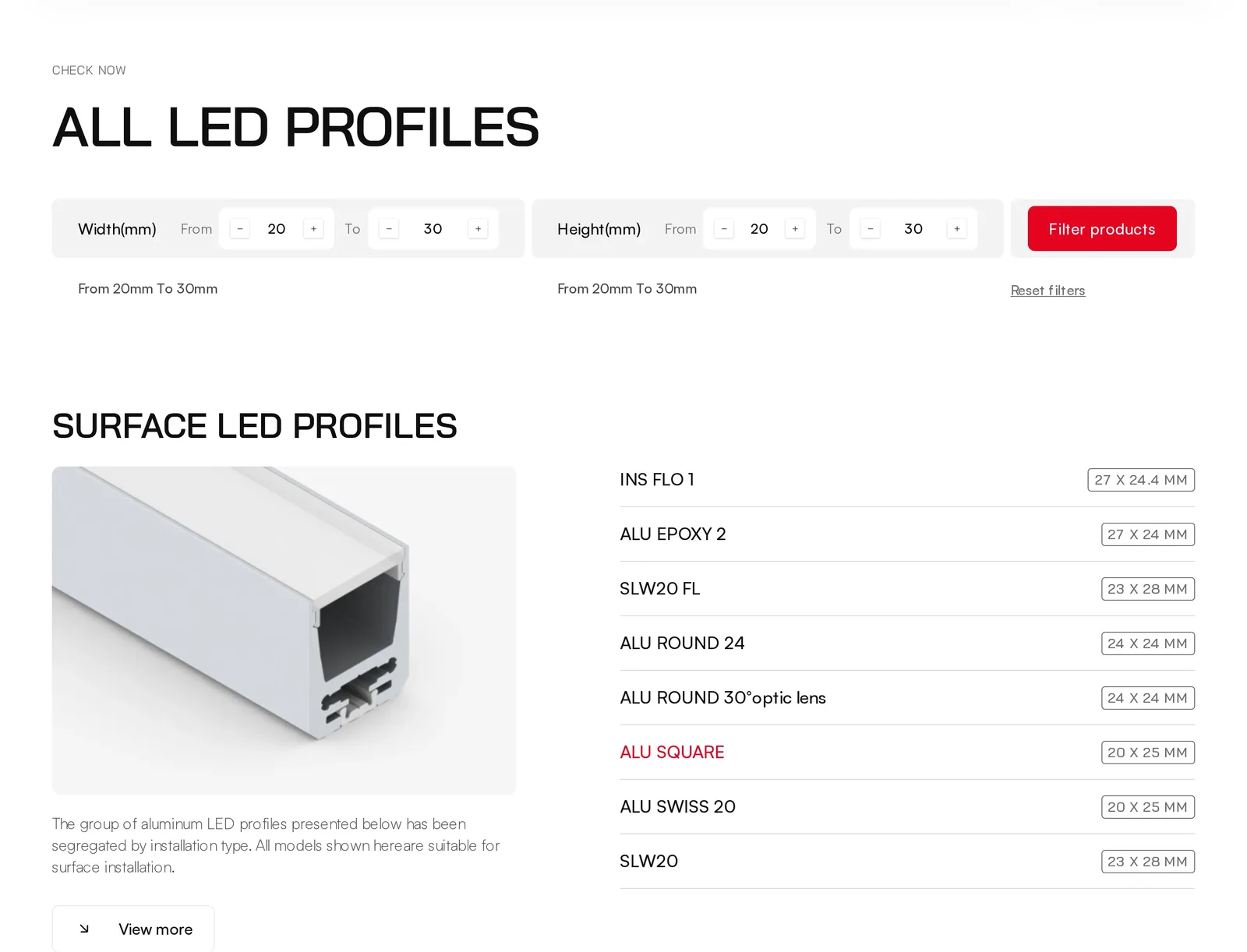 Lista „All LED Profiles” z filtrem szerokości i wysokości od 20 do 30 mm: grupa „Surface LED Profiles” ze zdjęciem i zawężoną listą profili, m.in. INS FLO 1, ALU EPOXY 2, SLW20 FL i ALU ROUND 24, z wymiarami przekroju