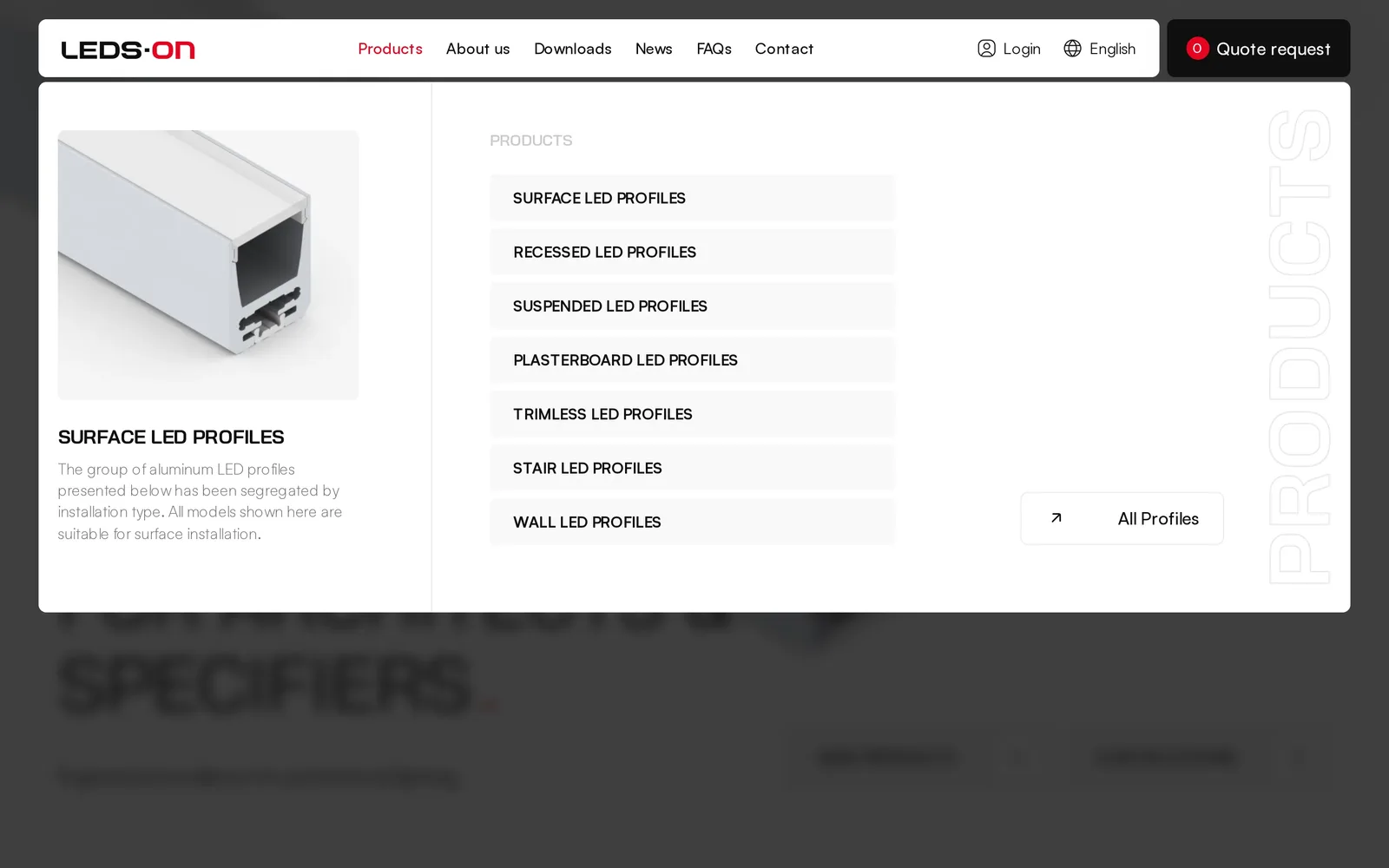 Rozwinięte mega menu „Products”: siedem grup profili, zdjęcie i opis grupy „Surface LED Profiles” oraz odnośnik „All Profiles”