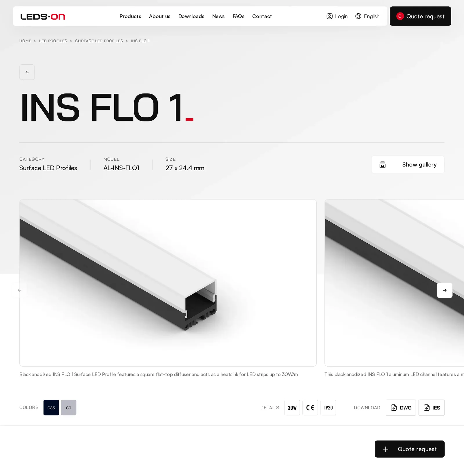 Karta profilu INS FLO 1 na komputerze: okruszki, kategoria Surface LED Profiles, model AL-INS-FLO1, wymiary 27 × 24,4 mm, przycisk „Show gallery”, galeria zdjęć z opisami, kolory, ikony parametrów 30 W, CE i IP20, przyciski DWG i IES oraz pływający przycisk „Quote request”