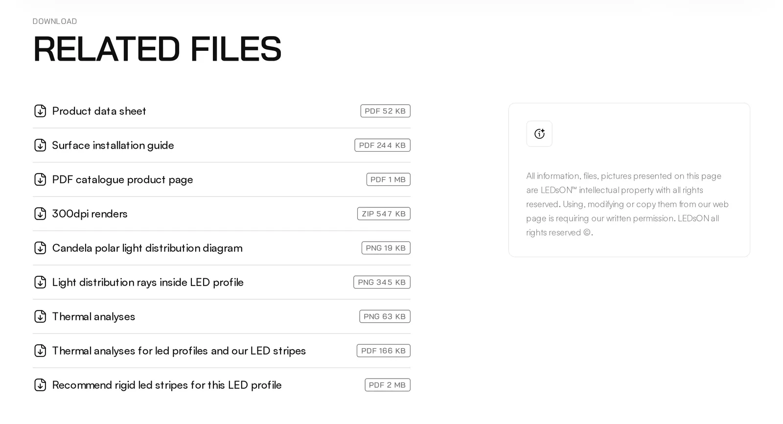 Sekcja „Related files” karty profilu: karta katalogowa, instrukcja montażu, strona katalogu PDF, rendery 300 dpi, rozsył światła, analizy termiczne i dobór taśm LED, każdy plik z typem i wagą