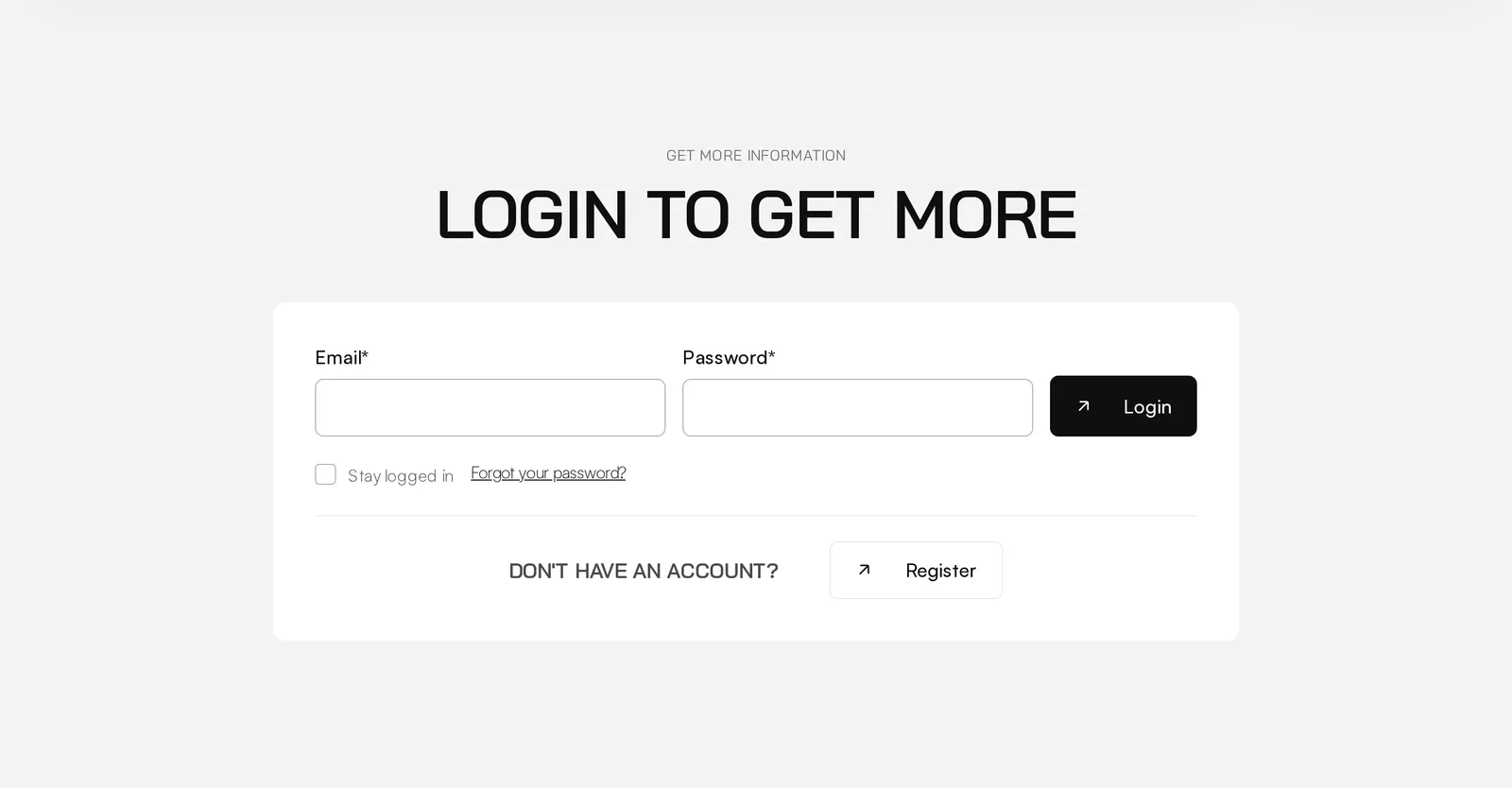 Sekcja „Login to get more” na karcie profilu: pola e-mail i hasło, przycisk „Login”, opcja „Stay logged in”, przypomnienie hasła i przycisk „Register”