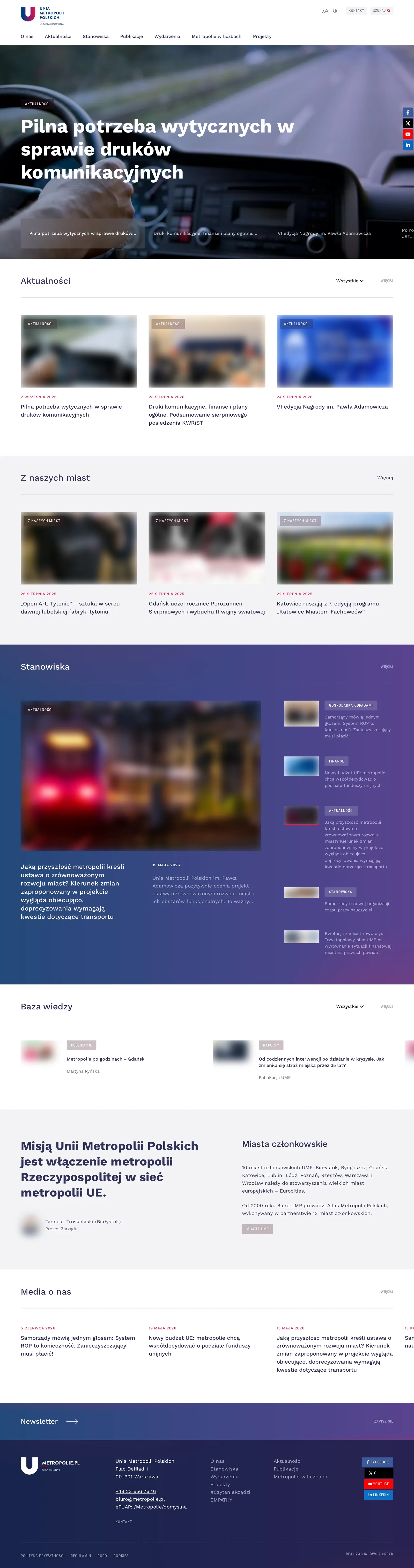 Cała strona główna metropolie.pl: slider wpisów, sekcje Aktualności, Z naszych miast, Stanowiska, Baza wiedzy, misja i miasta członkowskie, Media o nas, zapis na newsletter i stopka