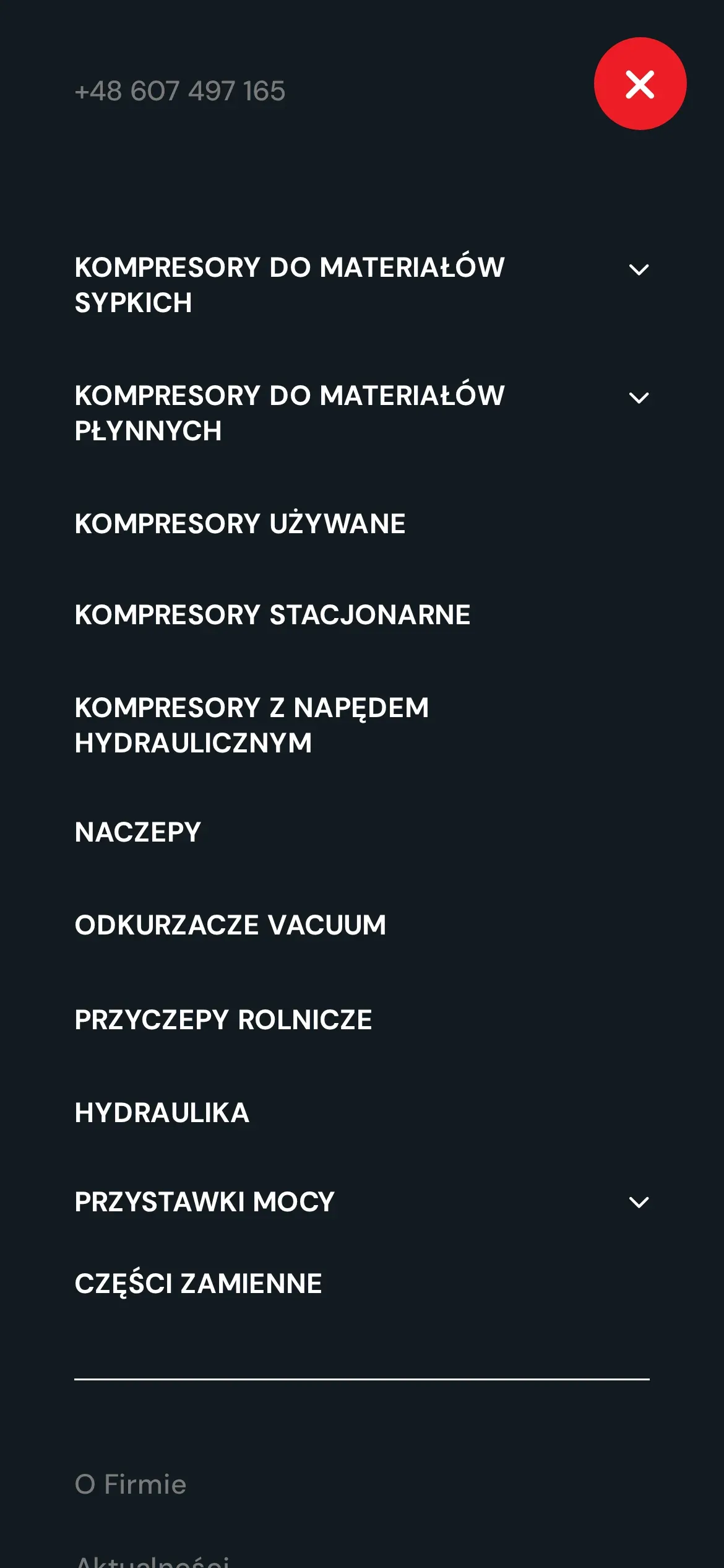 Otwarte menu na telefonie: kompresory do materiałów sypkich i płynnych z rozwijanymi listami, kompresory używane, stacjonarne i z napędem hydraulicznym, naczepy, odkurzacze, przyczepy, hydraulika, przystawki mocy i części