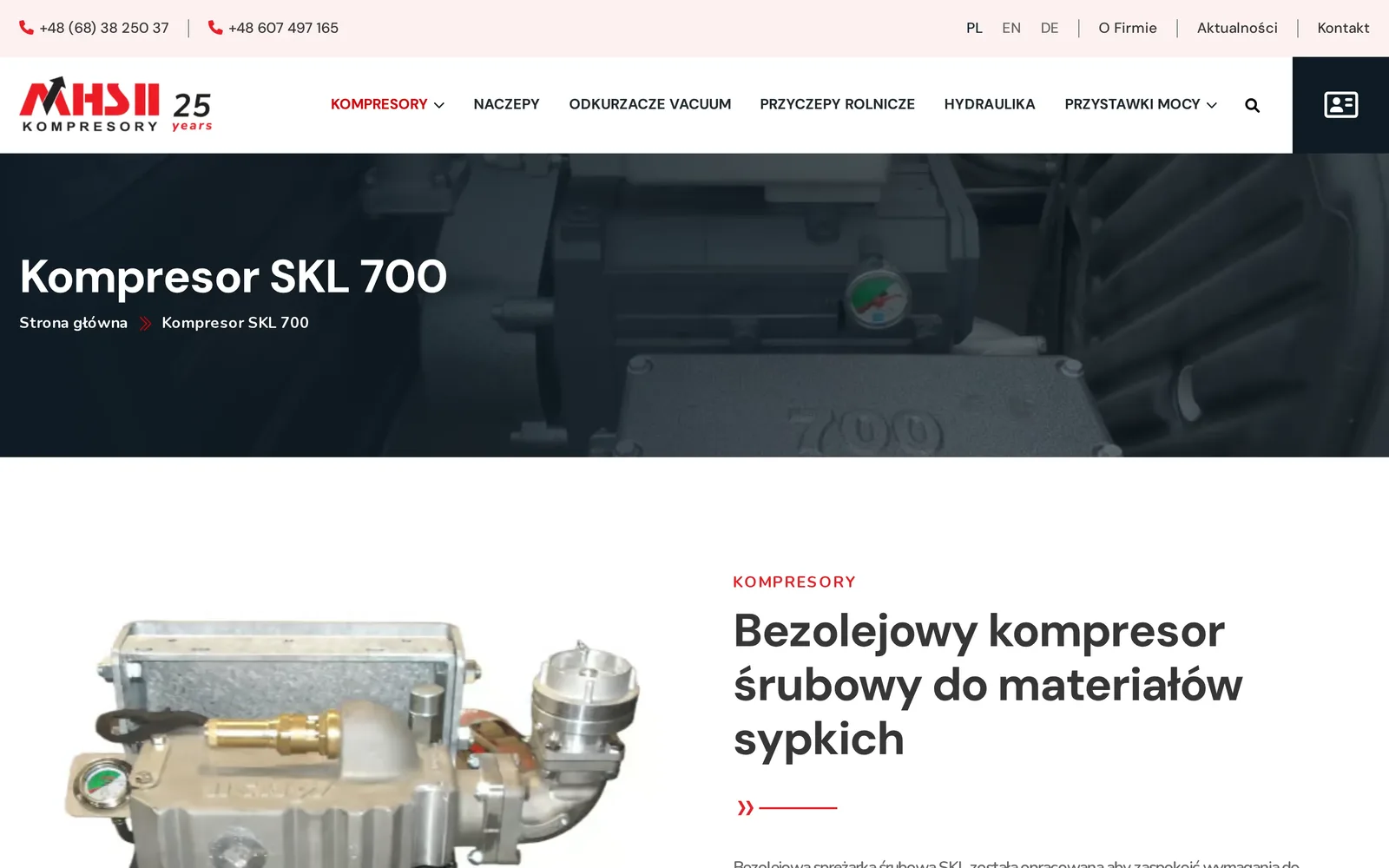 Strona kompresora SKL 700 na komputerze: nagłówek „Kompresor SKL 700”, zdjęcie sprężarki i opis „Bezolejowy kompresor śrubowy do materiałów sypkich”